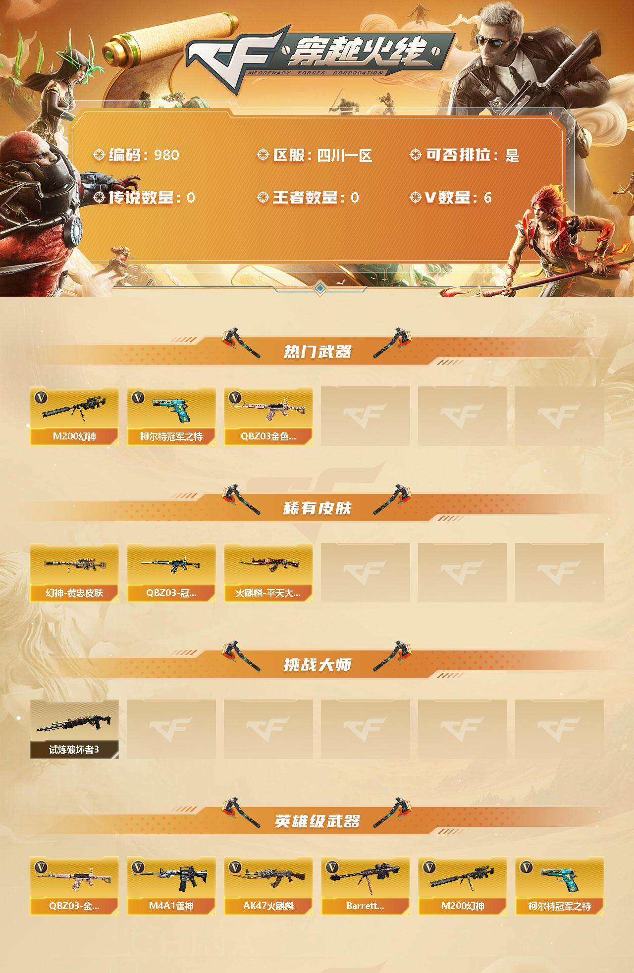 穿越火线账号西部战区【商品标题】：四川一区-6V-0王者-0炫金
【热门武器】：QBZ03-金色蔷薇，M200-幻神，柯尔特-冠军之特
【稀有皮肤】：M200-幻神-黄忠皮肤，QBZ03-冠军之薇，火麒麟-平天大圣
【