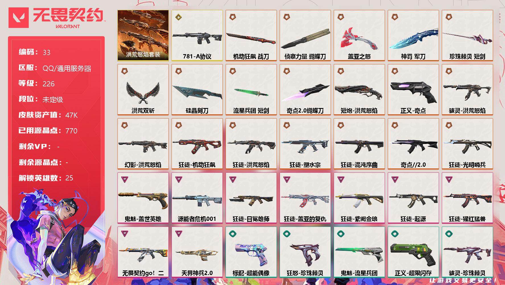 无畏契约账号QQ[9510076]【套装】：洪荒怒焰套装
【英雄】：炼狱，维斯，暮蝶，壹决，铁臂，捷风，雷兹，幽影，不死鸟，贤者，猎枭，蝰蛇，零，芮娜，奇乐，尚勃勒，霓虹，斯凯，夜露，星礈，K/O，海神，盖可，黑梦，