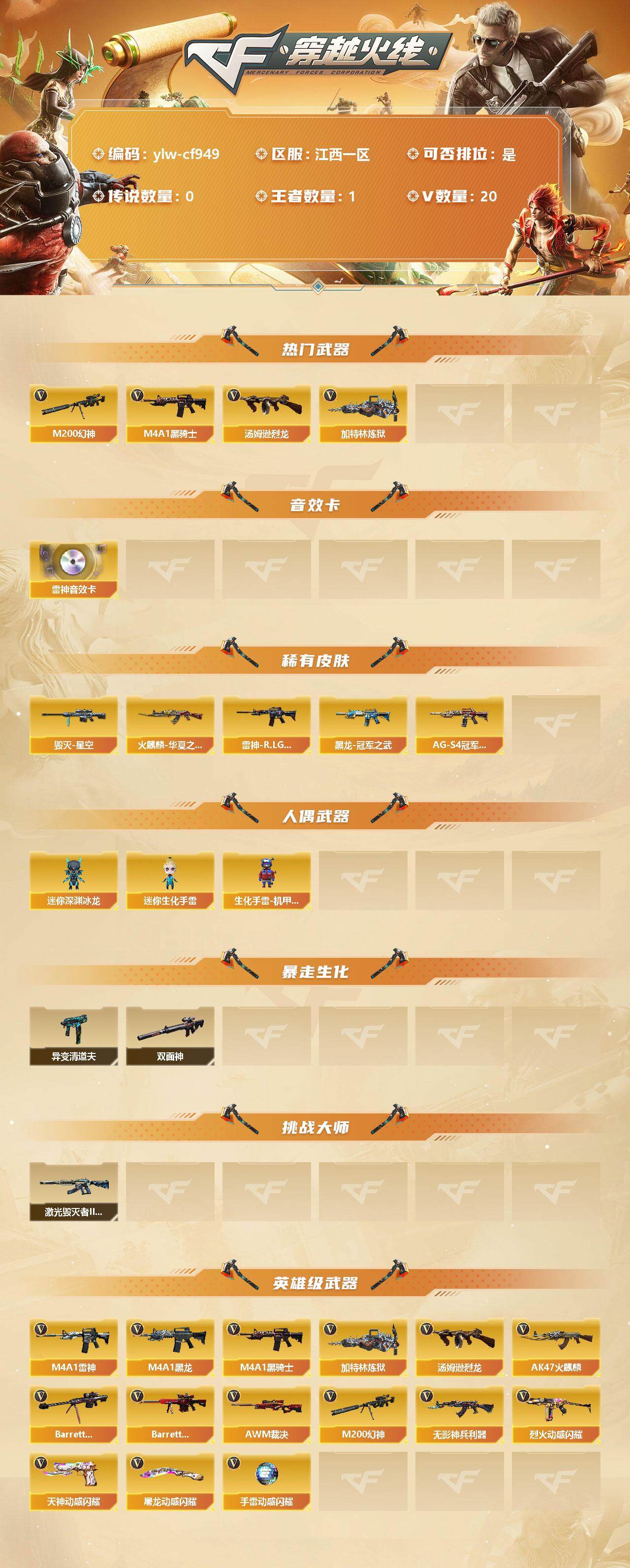 穿越火线账号南部战区江西一区[9512955]【商品标题】：江西一区-20V-1王者-0炫金
【热门武器】：M200-幻神，M4A1-黑骑士*3，汤姆逊-烈龙*3，加特林-炼狱
【音效卡】：M4A1-雷神音效卡
【稀有皮肤】：雷
