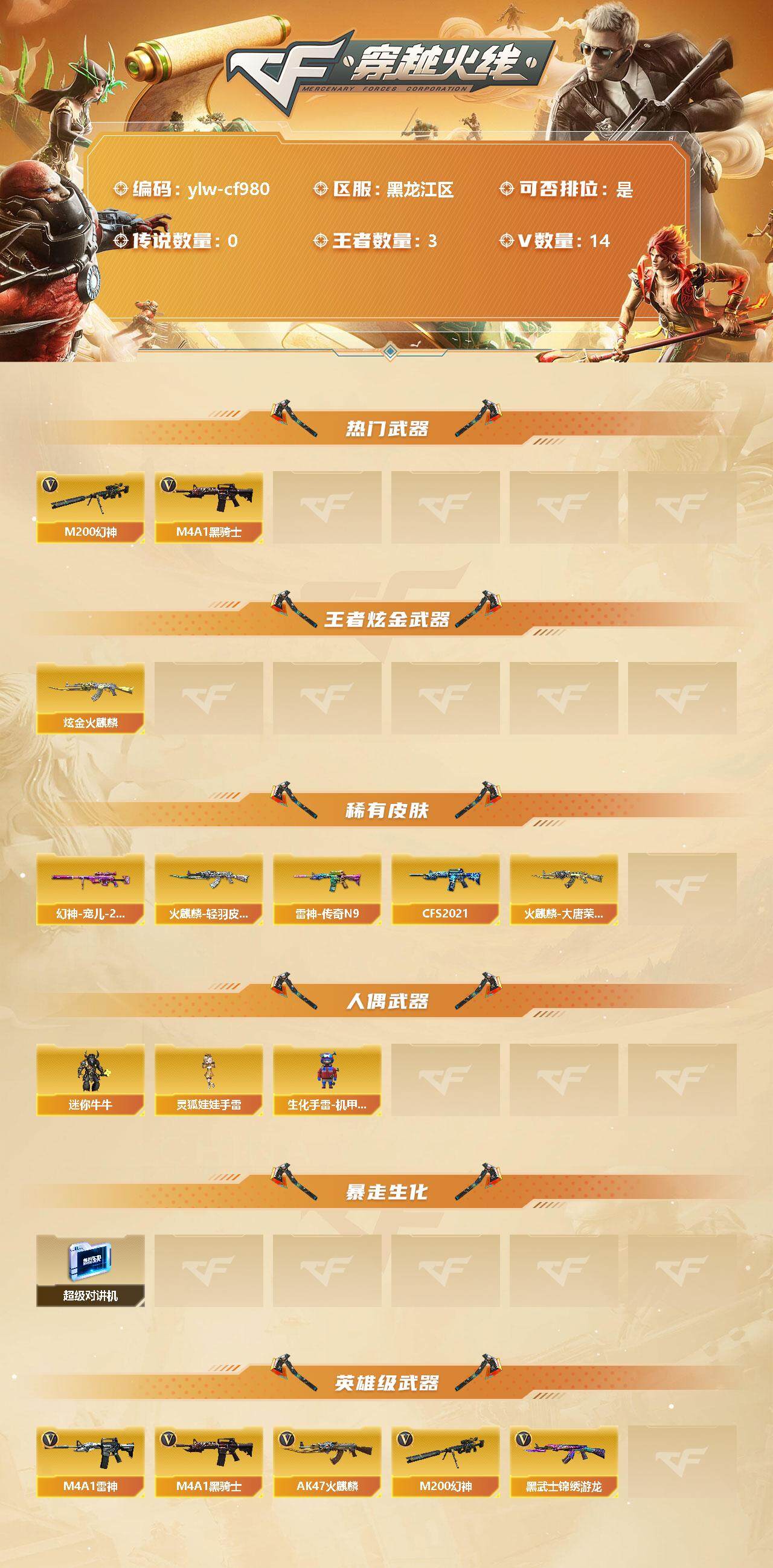 穿越火线账号北部战区黑龙江一区[9534997]【商品标题】：黑龙江区-14V-3王者-1炫金
【热门武器】：M200-幻神，M4A1-黑骑士
【王者炫金武器】：炫金火麒麟
【稀有皮肤】：幻神-宠儿-2021MVP，雷神-传奇N9