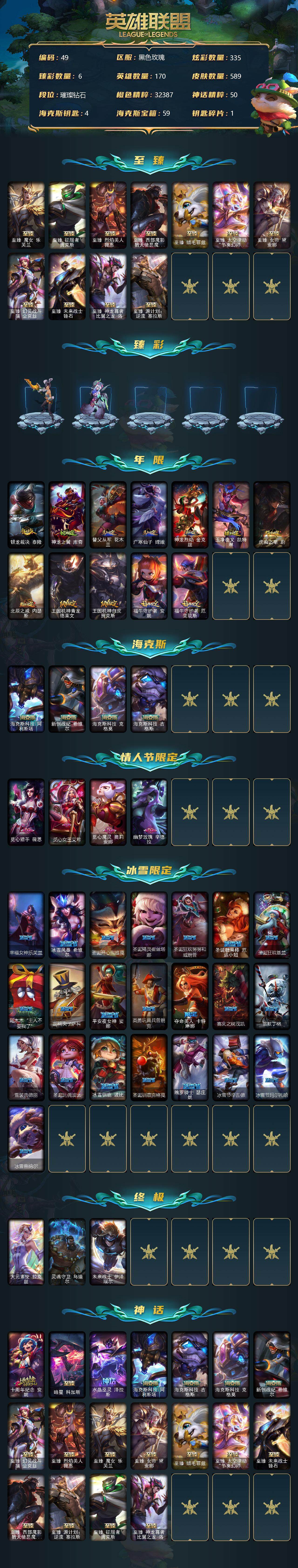 英雄联盟账号电信黑色玫瑰170英雄-589皮肤-170英雄/589皮肤/3终极/18神话/110限定/6臻彩/335炫彩/4
