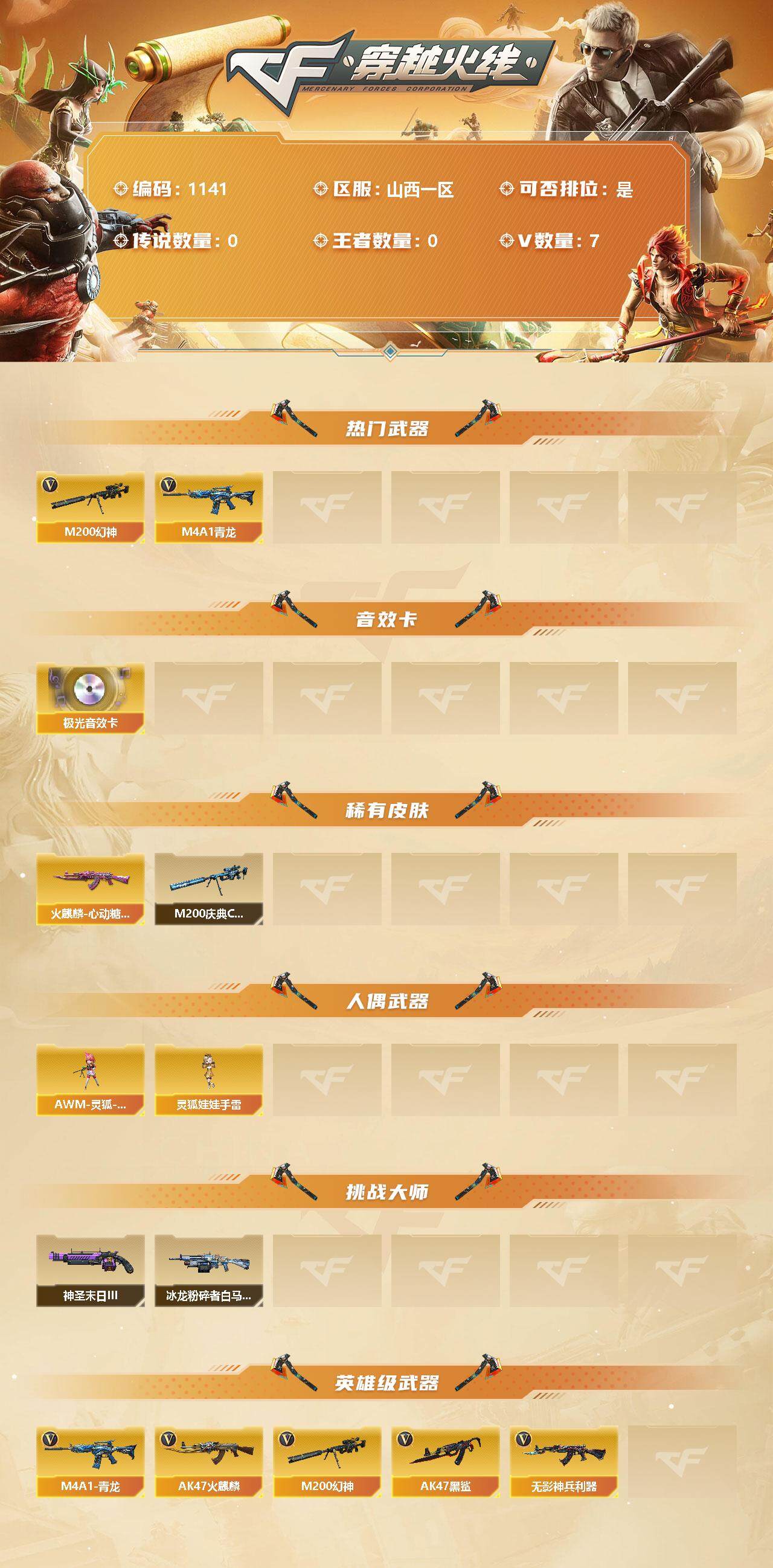穿越火线账号北部战区【商品标题】：山西一区-7V-0王者-0炫金
【热门武器】：M4A1-青龙，M200-幻神
【音效卡】：Barrett-极光音效卡
【稀有皮肤】：火麒麟-心动糖果，M200-庆典-CFS 2021
