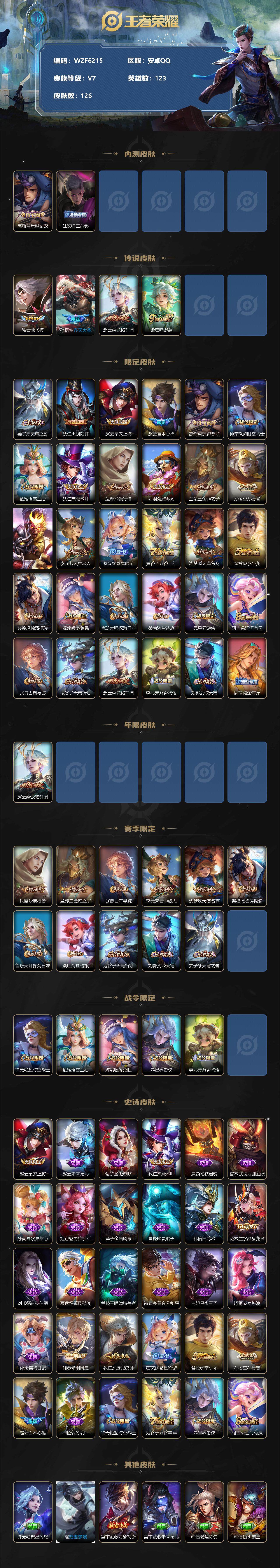 王者荣耀账号安卓QQ【WZF6215】贵族7/皮肤126/传说4/史诗30/英雄123/高渐离玩趣恶龙/狂铁特工战影/云鹰飞将/齐天大圣/乘龙-铭钟鼎/鸣野蒿/姜子牙天穹之誓/狄仁杰阴阳师/赵云皇家上将/百木心枪/高渐