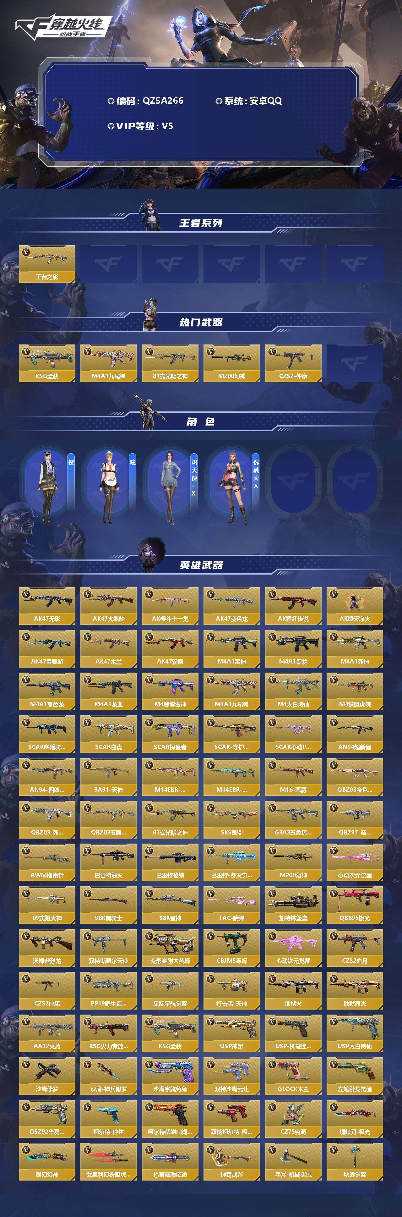 枪战王者账号安卓QQ【QZSA266】VIP5/150V/1王者/王者之影/KSG-孟获/M4A1-九尾狐/81式-光明之神/M200 幻神/CZS2-仲康/樱/瞳/炽天使-X/祝融夫人/AK47-无影/AK47-火麒