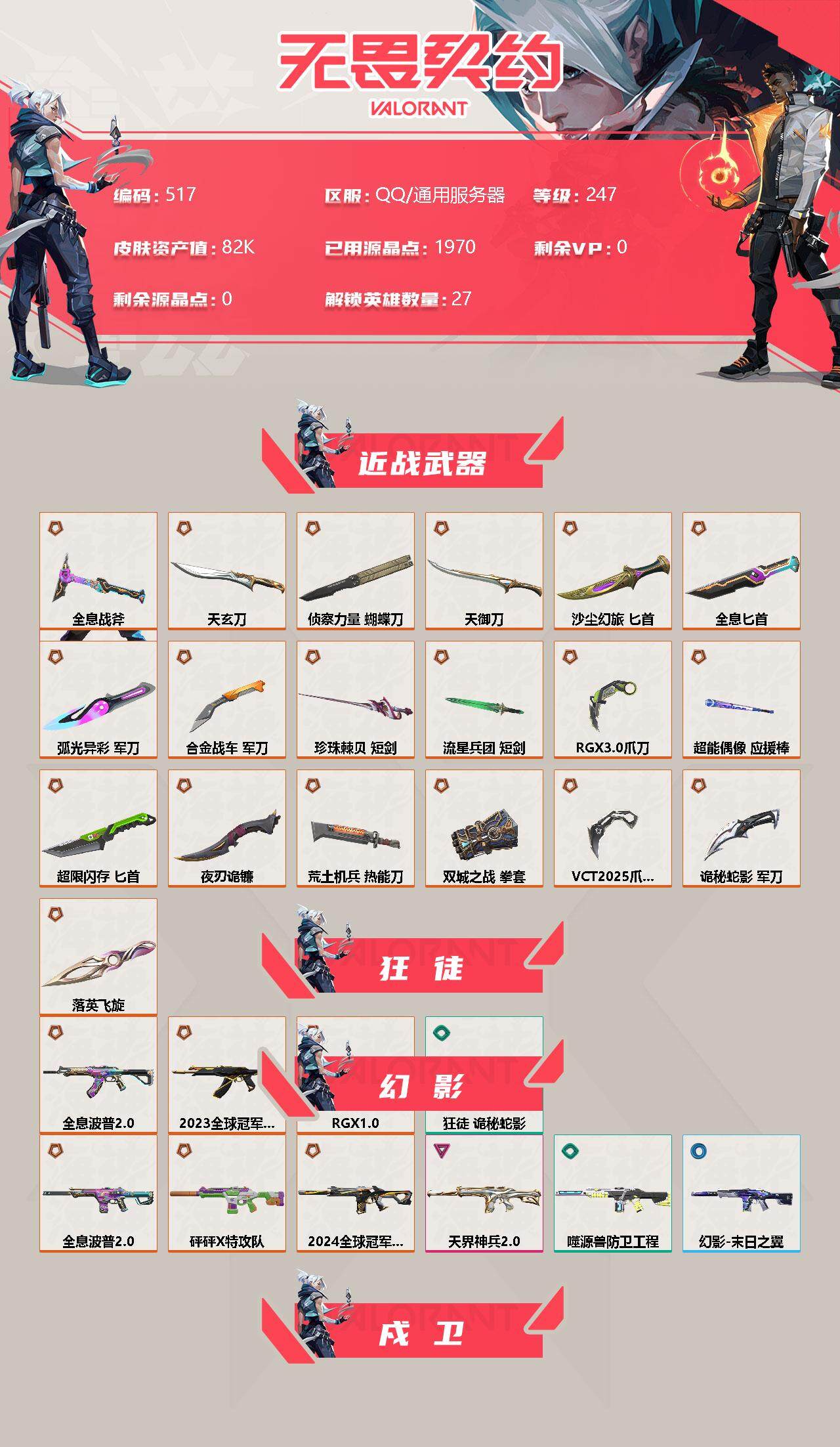 无畏契约账号QQ【套装】:《双城之战》收藏套装,VCT 2025 赛季套装,黯夜怪谈套装,全息波普//2.0套装,天界神兵//2.0套装,无畏启程套装
【英雄】:幻棱,炼狱,维斯,暮蝶,钛狐,壹决,