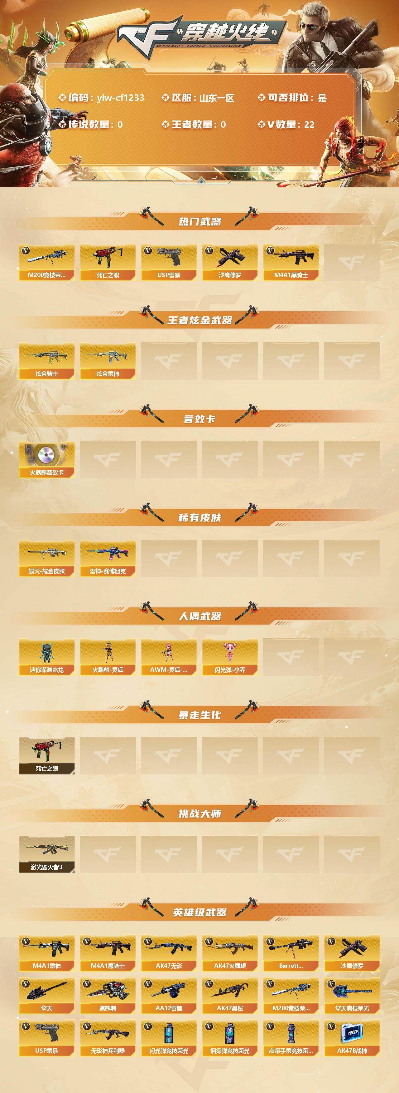 穿越火线账号北部战区山东一区[9936359]【商品标题】：山东一区-22V-0王者-2炫金
【热门武器】：M200-竞技荣光，死亡之眼，M4A1-黑骑士，USP-雷暴，沙鹰-修罗
【王者炫金武器】：炫金骑士，炫金雷神
【音效卡