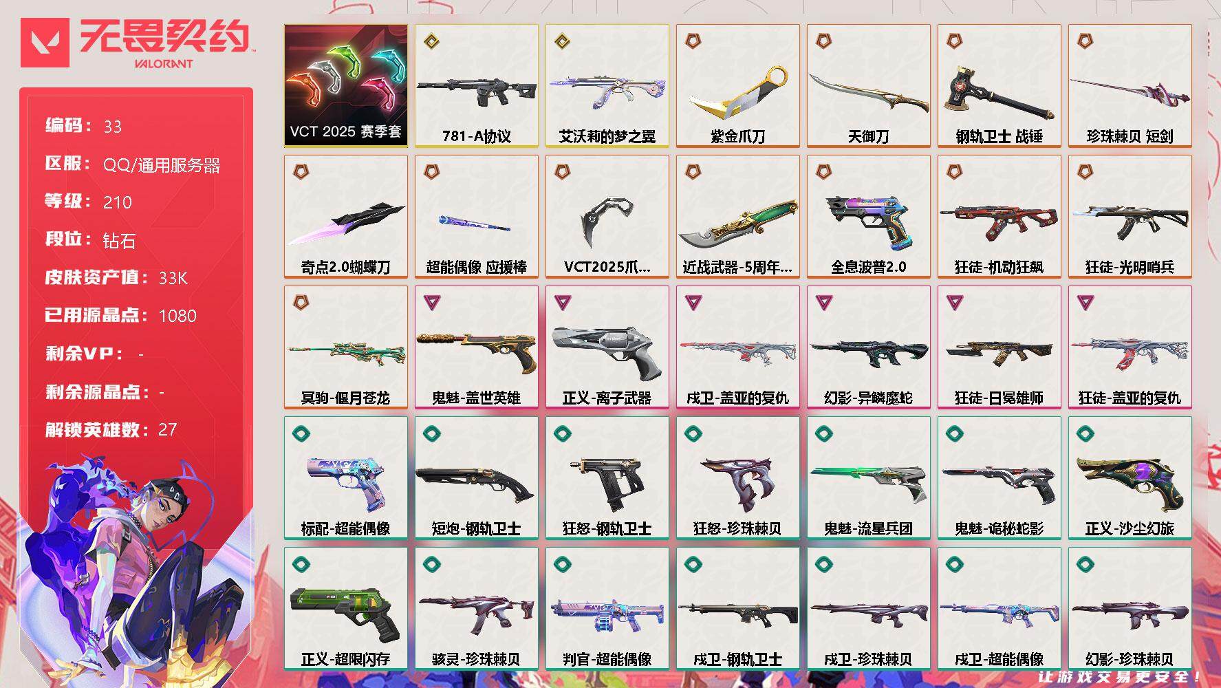 无畏契约账号QQ【lx80648】【皮肤总价值33580使用R点1080/2究极/12传奇/6卓越】
【套装】：VCT 2025 赛季套装
【英雄】：幻棱，炼狱，维斯，暮蝶，钛狐，壹决，铁臂，捷风，雷兹，幽影，不死