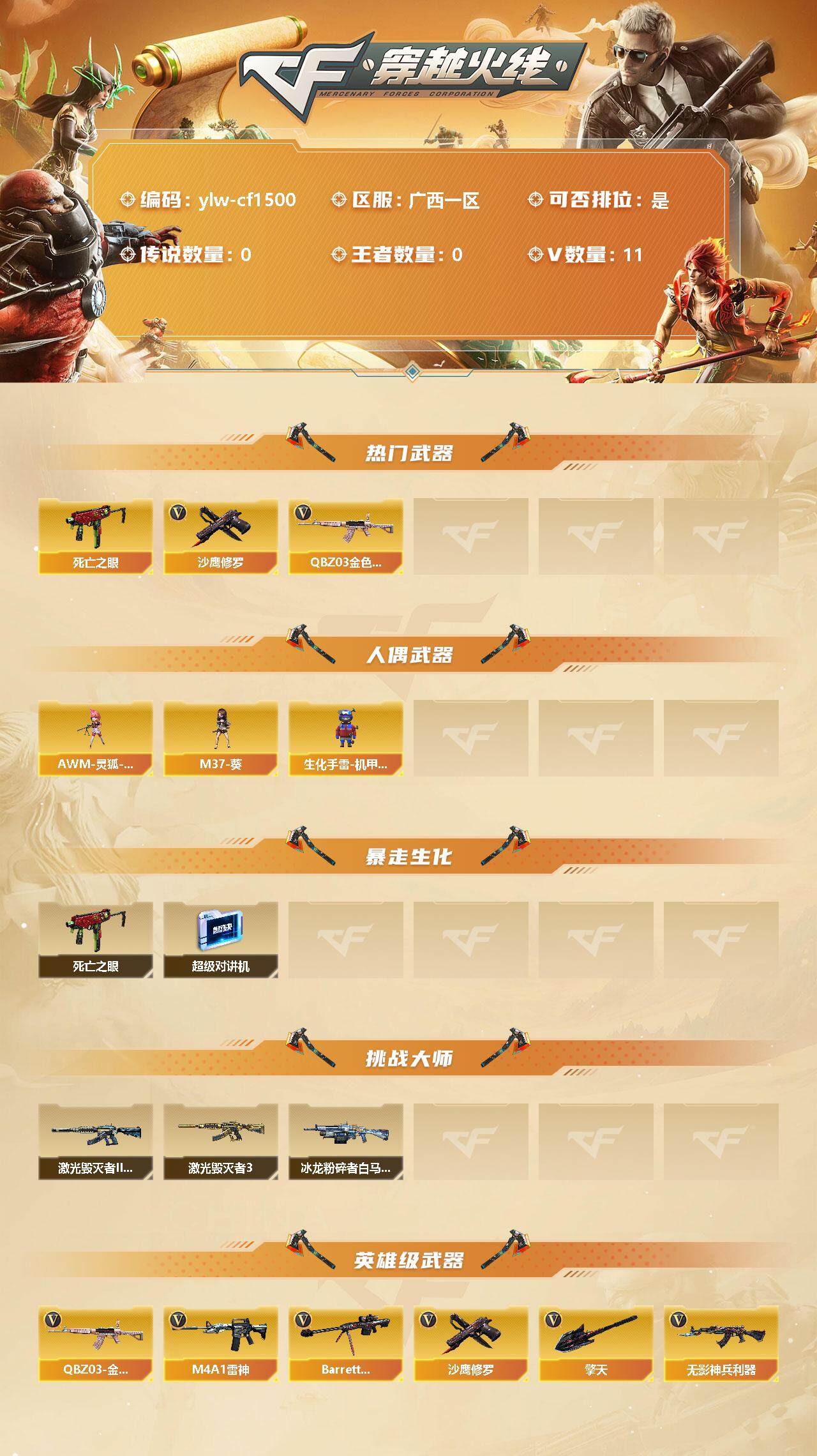 穿越火线账号南部战区广西一区[10155165]【商品标题】：广西一区-11V-0王者-0炫金
【热门武器】：QBZ03-金色蔷薇，死亡之眼*2，沙鹰-修罗
【人偶武器】：AWM-灵狐-15周年嘉年华，M37-葵，生化手雷-机甲
