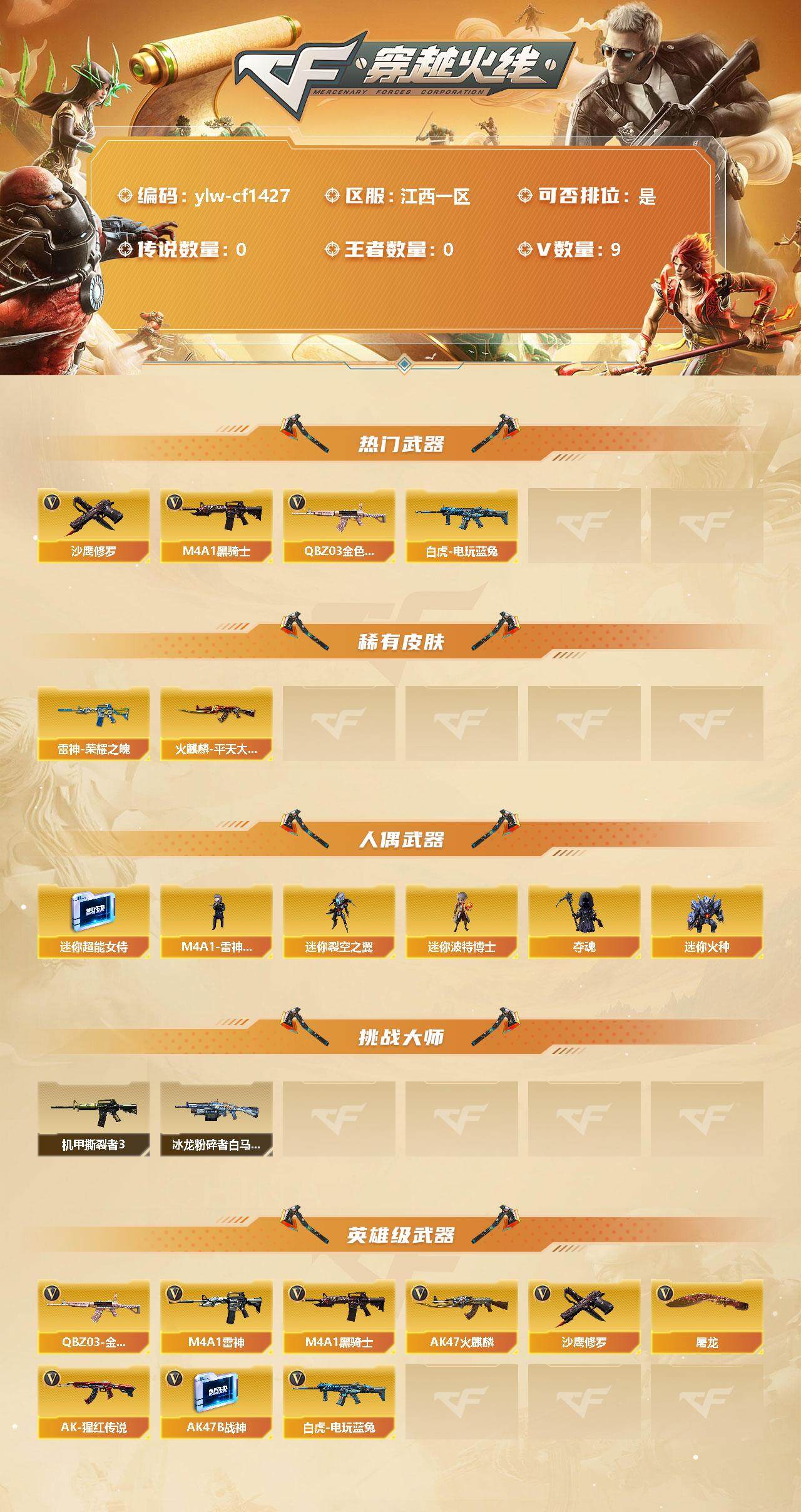 穿越火线账号南部战区江西一区[10164016]【商品标题】：江西一区-9V-0王者-0炫金
【热门武器】：QBZ03-金色蔷薇，白虎-电玩蓝兔，M4A1-黑骑士，沙鹰-修罗
【稀有皮肤】：雷神-荣耀之魄，火麒麟-平天大圣
【人