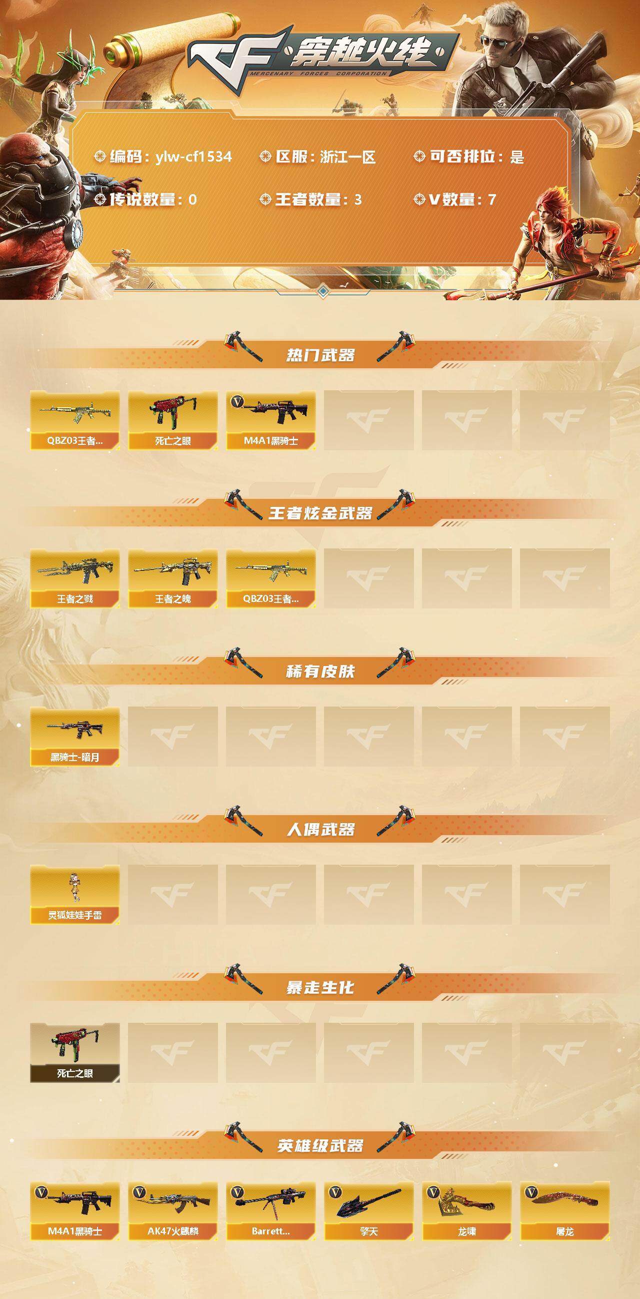 穿越火线账号东部战区浙江一区[10217938]【商品标题】：浙江一区-7V-3王者-0炫金
【热门武器】：QBZ-03-王者蔷薇，死亡之眼，M4A1-黑骑士
【王者炫金武器】：王者之戮，王者之魄，QBZ-03-王者蔷薇
【稀有