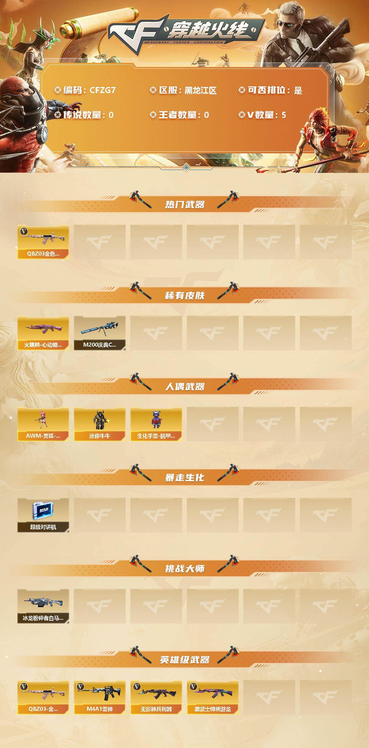 穿越火线账号北部战区黑龙江一区【CFZG7】5V/83级/将帅/QBZ03 金色蔷薇/火麒麟-心动糖果/M200-庆典-CFS 2021/AWM-灵狐-15周年嘉年华/迷你牛牛/生化手雷-机甲核心/超级对讲机/冰龙粉碎者-白马银