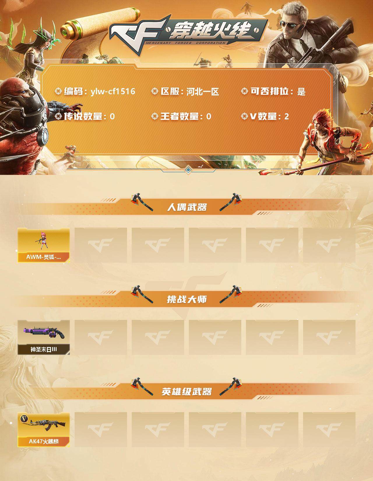穿越火线账号北部战区河北一区[10231148]【商品标题】：河北一区-2V-0王者-0炫金
【人偶武器】：AWM-灵狐-15周年嘉年华
【挑战大师】：神圣爆裂者-末日III
【英雄级武器】：AK47-火麒麟
【特殊枪械】：0白