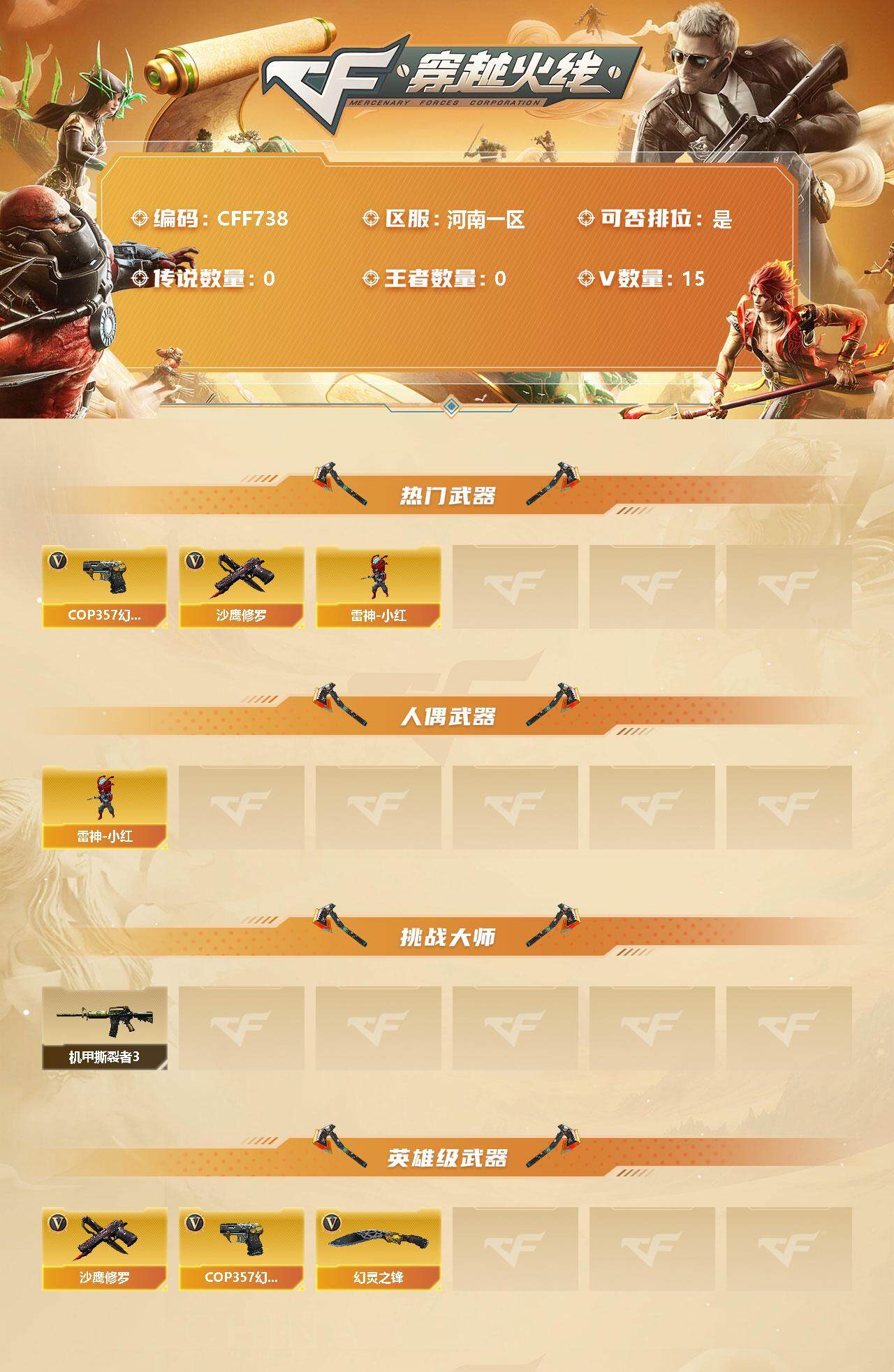 穿越火线账号北部战区河南一区【CFF738】15V/46级/尉官/雷神-小红/COP 幻灵/沙鹰-修罗/雷神-小红/机甲撕裂者III/COP 幻灵/幻灵之锋/沙鹰-修罗