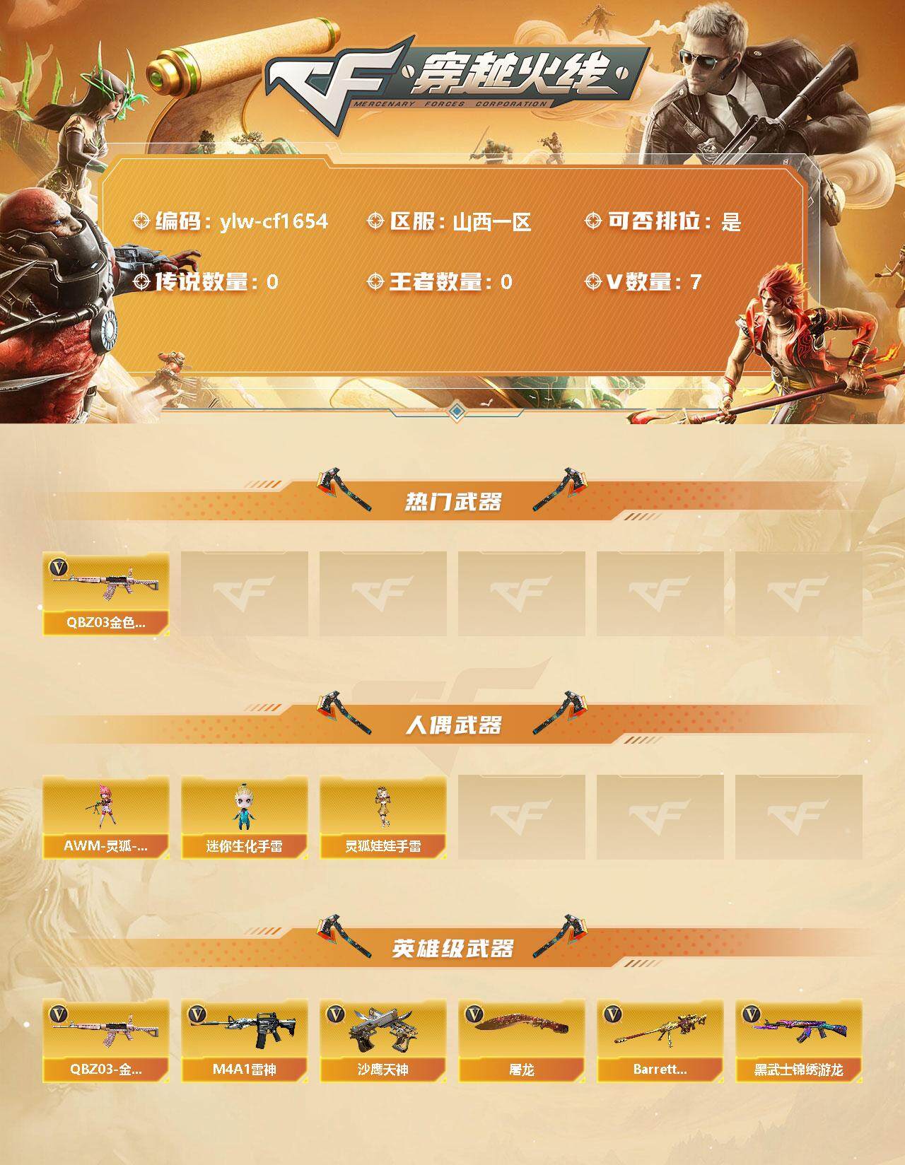 穿越火线账号北部战区山西一区【商品标题】：山西一区-7V-0王者-0炫金
【热门武器】：QBZ03-金色蔷薇
【人偶武器】：AWM-灵狐-15周年嘉年华*2，迷你生化手雷，灵狐娃娃手雷
【英雄级武器】：QBZ