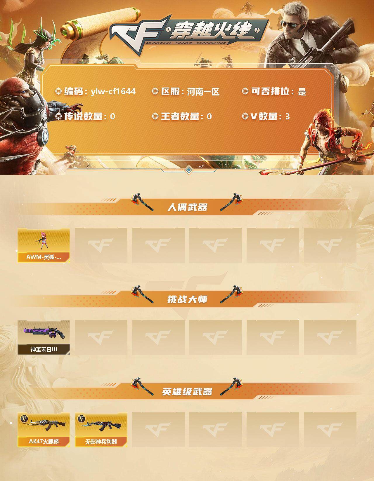 穿越火线账号北部战区河南一区[11415618]【商品标题】：河南一区-3V-0王者-0炫金
【人偶武器】：AWM-灵狐-15周年嘉年华
【挑战大师】：神圣爆裂者-末日III
【英雄级武器】：无影-神兵利器，AK47-火麒麟