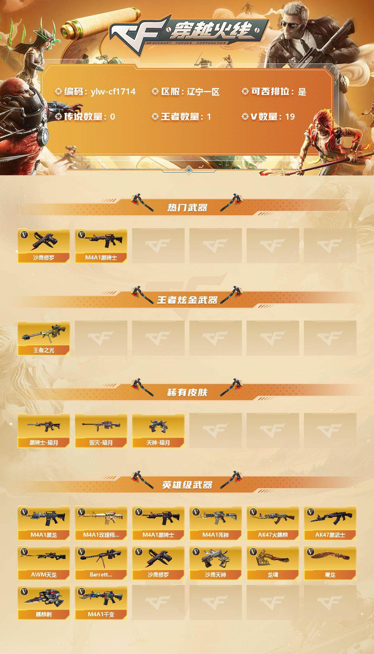 穿越火线账号北部战区辽宁一区[10381015]【商品标题】：辽宁一区-19V-1王者-0炫金
【热门武器】：M4A1-黑骑士，沙鹰-修罗*2
【王者炫金武器】：王者之光
【稀有皮肤】：黑骑士-暗月*2，毁灭-暗月*2，天神-暗