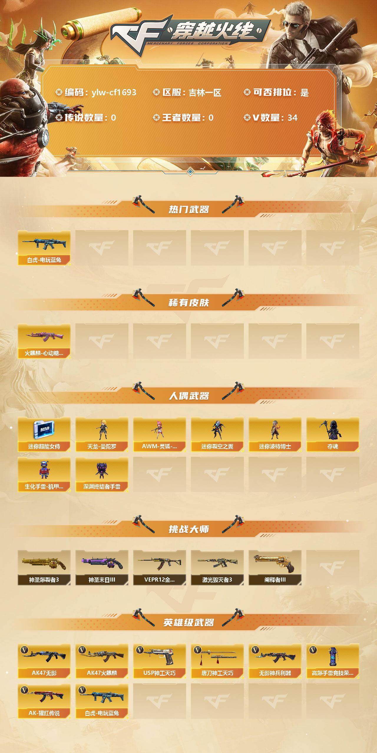 穿越火线账号北部战区吉林一区[10387450]【商品标题】：吉林一区-34V-0王者-0炫金
【热门武器】：白虎-电玩蓝兔
【稀有皮肤】：火麒麟-心动糖果
【人偶武器】：天龙-曼陀罗，AWM-灵狐-15周年嘉年华，迷你超能女侍