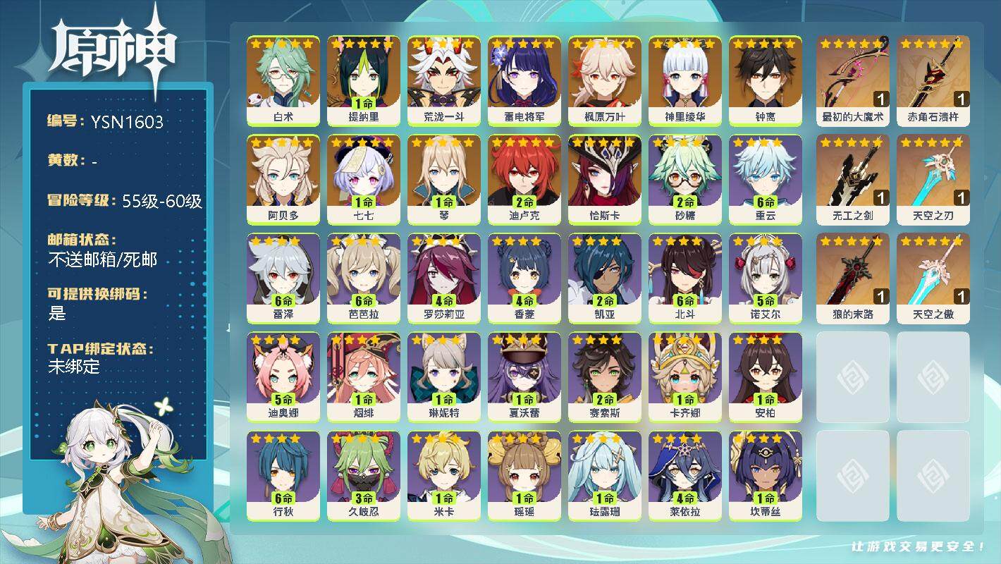 原神账号官服 天空岛【YSN1603】57级/男主/14个五星角色/0命白术/1命提纳里/0命荒泷一斗/0命雷电将军/0命枫原万叶/0命神里绫华/0命钟离/0命阿贝多/1命七七/1命琴/2命迪卢克/0命恰斯卡/精1最初