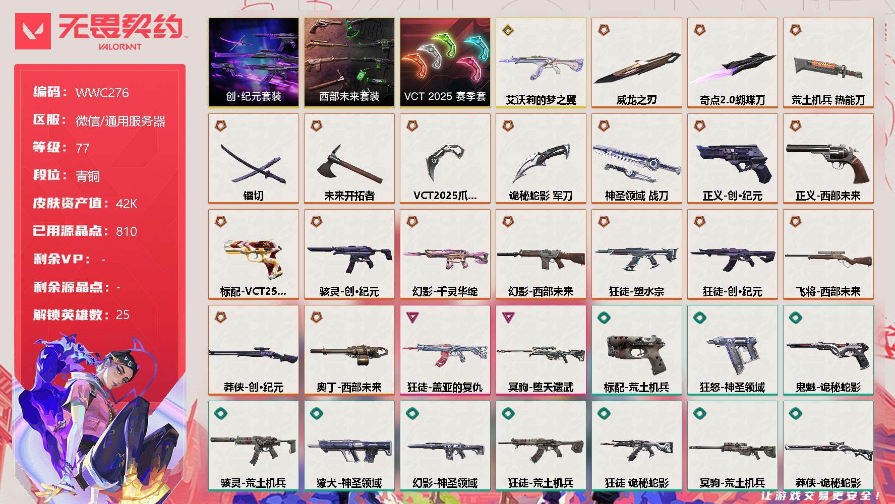 无畏契约账号微信【WWC276】终极*21/传奇*1/卓越*2/皮肤*71/等级*77/段位:青铜/创·纪元套装/西部未来套装/VCT 2025 赛季套装/幻棱/炼狱/维斯/暮蝶/钛狐/壹决/铁臂/捷风/雷兹/幽影