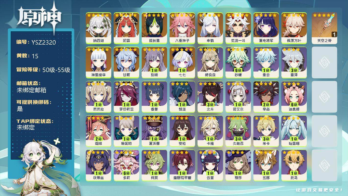 原神账号官服 天空岛【YSZ2320】55级/15黄/女主/12个五星角色/0命纳西妲/0命妮露/0命提纳里/0命八重神子/0命申鹤/0命荒泷一斗/0命雷电将军/0命枫原万叶/0命神里绫华/0命甘雨/1命刻晴/1命七七