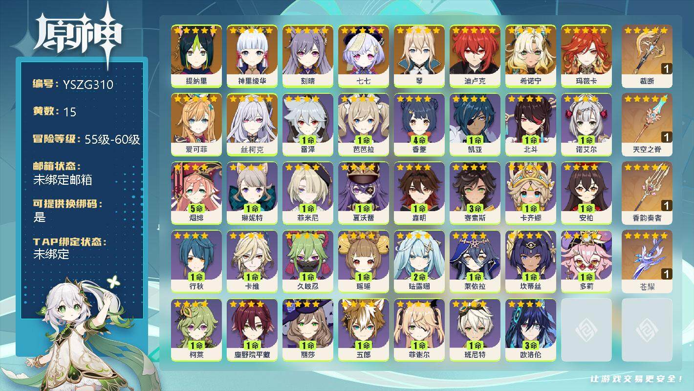 原神账号官服 天空岛【YSZG310】56级/15黄/女主/11个五星角色/0命提纳里/0命神里绫华/0命刻晴/0命七七/0命琴/0命迪卢克/0命希诺宁/0命玛薇卡/0命爱可菲/0命丝柯克/精1裁断/精1天空之脊/精1