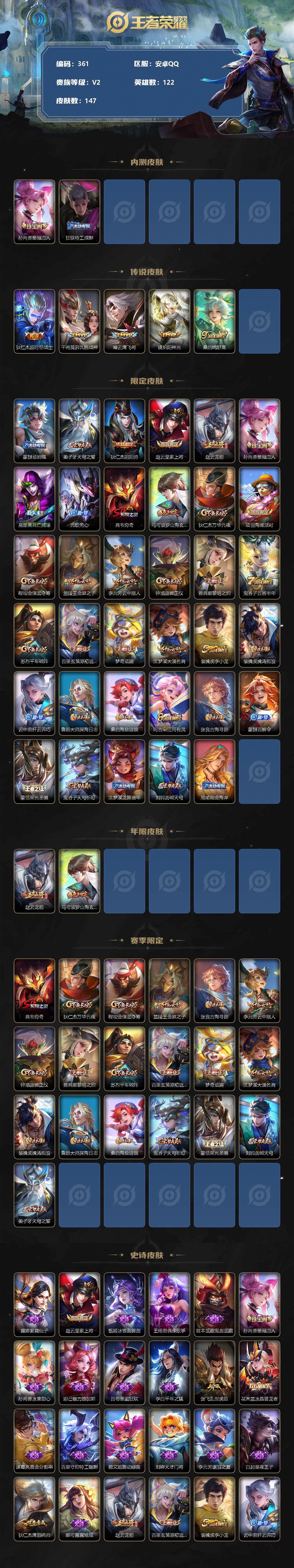 王者荣耀账号安卓QQ  V5-147皮肤-5传说-34史诗 ME1410
【内测皮肤】：孙尚香蔷薇恋人，狂铁特工战影
【传说皮肤】：狄仁杰超时空战士，干将莫邪久胜战神，曜云鹰飞将，镜炽阳神光，桑启鸣野蒿
【限定皮肤】：