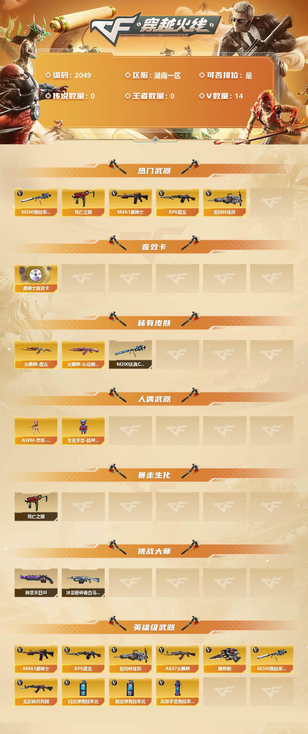 穿越火线账号南部战区湖南一区【商品标题】：湖南一区-14V-0王者-0炫金
【热门武器】：M200-竞技荣光，死亡之眼，M4A1-黑骑士，RPK-盘龙*4，加特林-炼狱
【音效卡】：M4A1-黑骑士音效卡
【稀有皮肤】：火麒麟