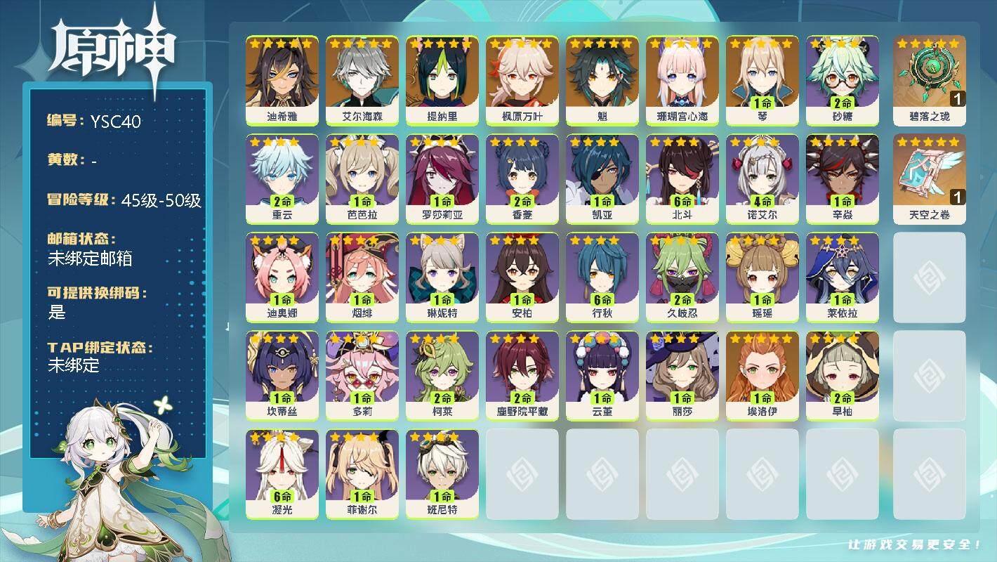 原神账号官服 天空岛【YSC40】49级/女主/9个五星角色/0命迪希雅/0命艾尔海森/0命提纳里/0命枫原万叶/0命魈/0命珊瑚宫心海/1命琴/精1碧落之珑/精1天空之卷/2命砂糖/2命重云/1命芭芭拉/0命罗莎莉亚