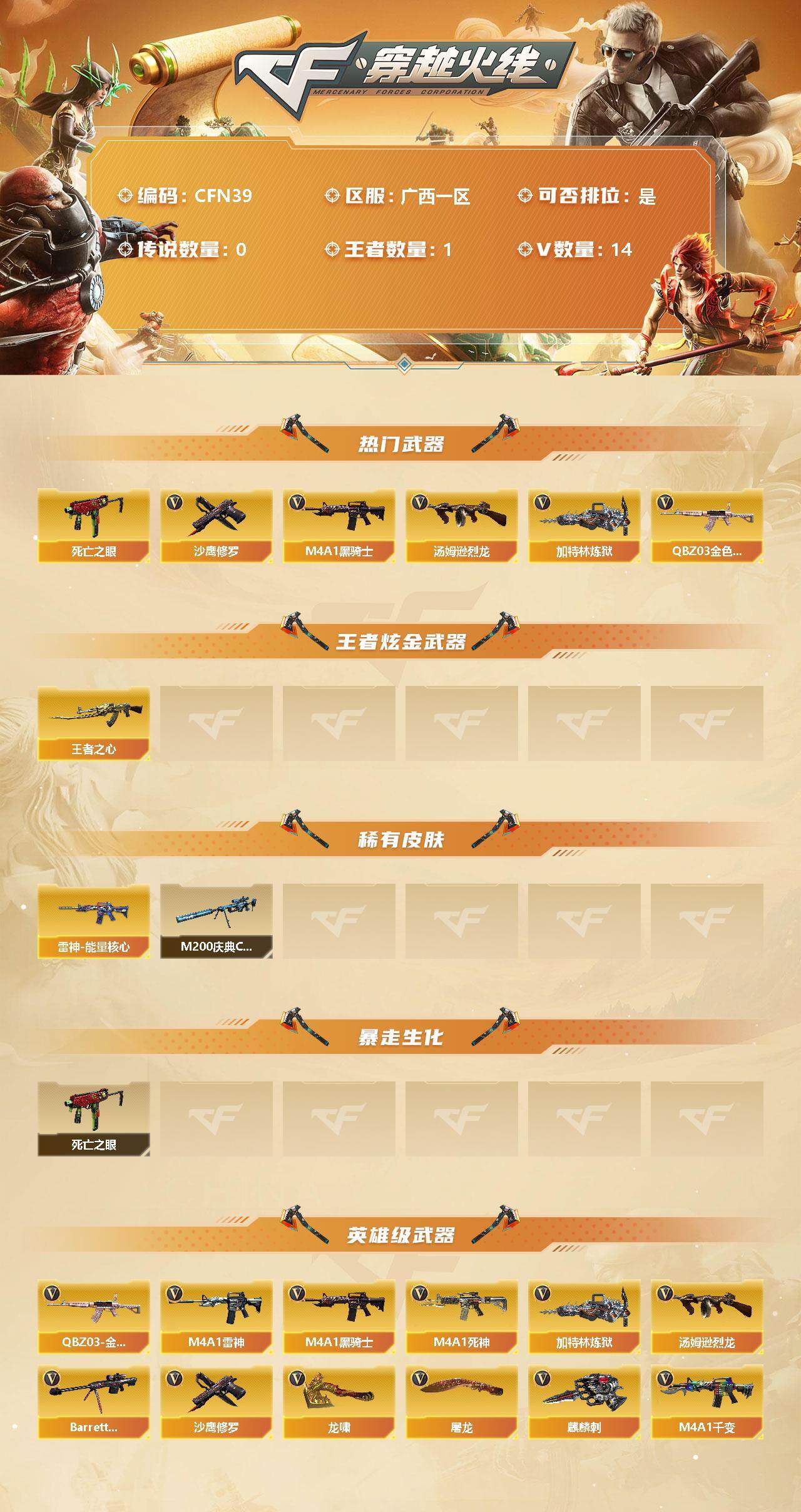 穿越火线账号南部战区【CFN39】14V/100级/元帅/1王者/QBZ03 金色蔷薇/死亡之眼/M4A1-黑骑士/汤姆逊-烈龙/加特林-炼狱/沙鹰-修罗/王者之心/雷神-能量核心/M200-庆典-CFS 2021/Q