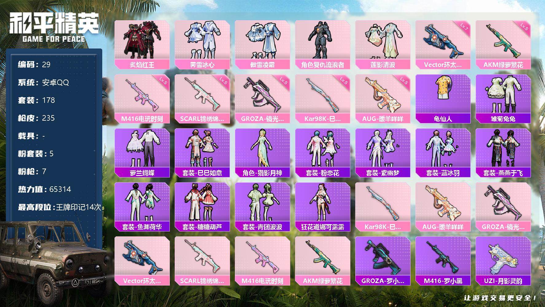 和平精英账号安卓QQ0载具-178套装-235枪皮-账号亮点：65314热力值 14王牌 AKM-绿萝繁花(五级)，SC
