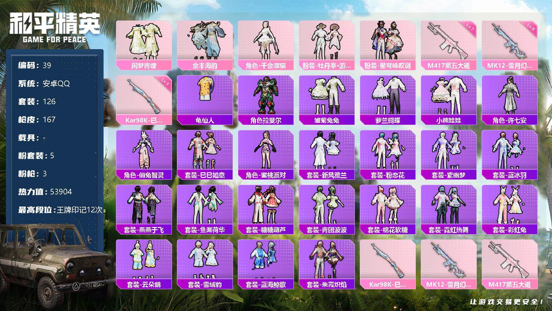 和平精英账号安卓QQ0载具-126套装-167枪皮-53904热力值-12印记 Kar98K-巳巳如意(五级)，M417
