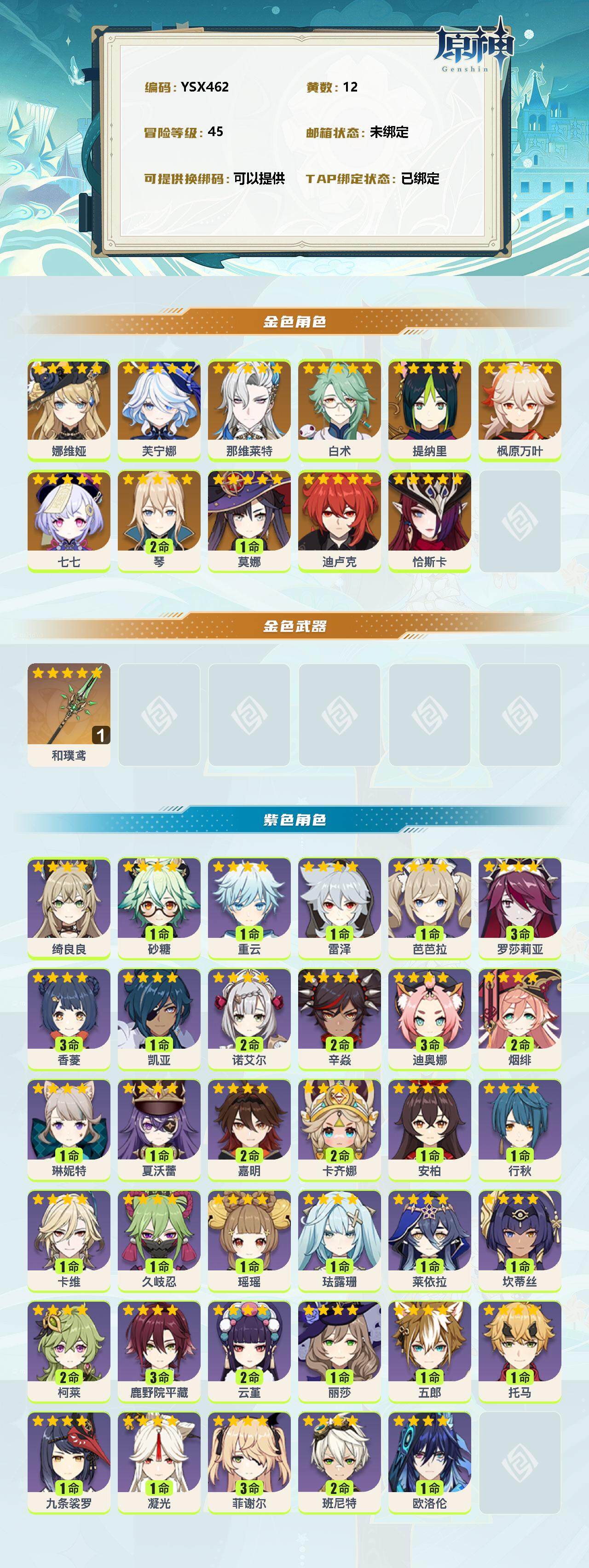 YSEY310591原神账号详情图2 YSEY310591原神账号详情图2