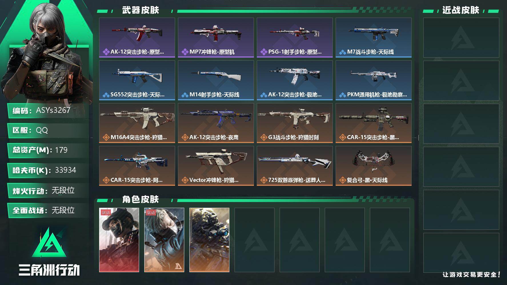 三角洲行动账号QQ【Q区三端互通】【无二次-2025.9.23出二次】ASYs3267-特勤处：仓库7级/训练中心4级/靶场4级-总资产179.5M-哈夫币3393W-烽火等级：60级【勾选了部分账号，详细看图，平台