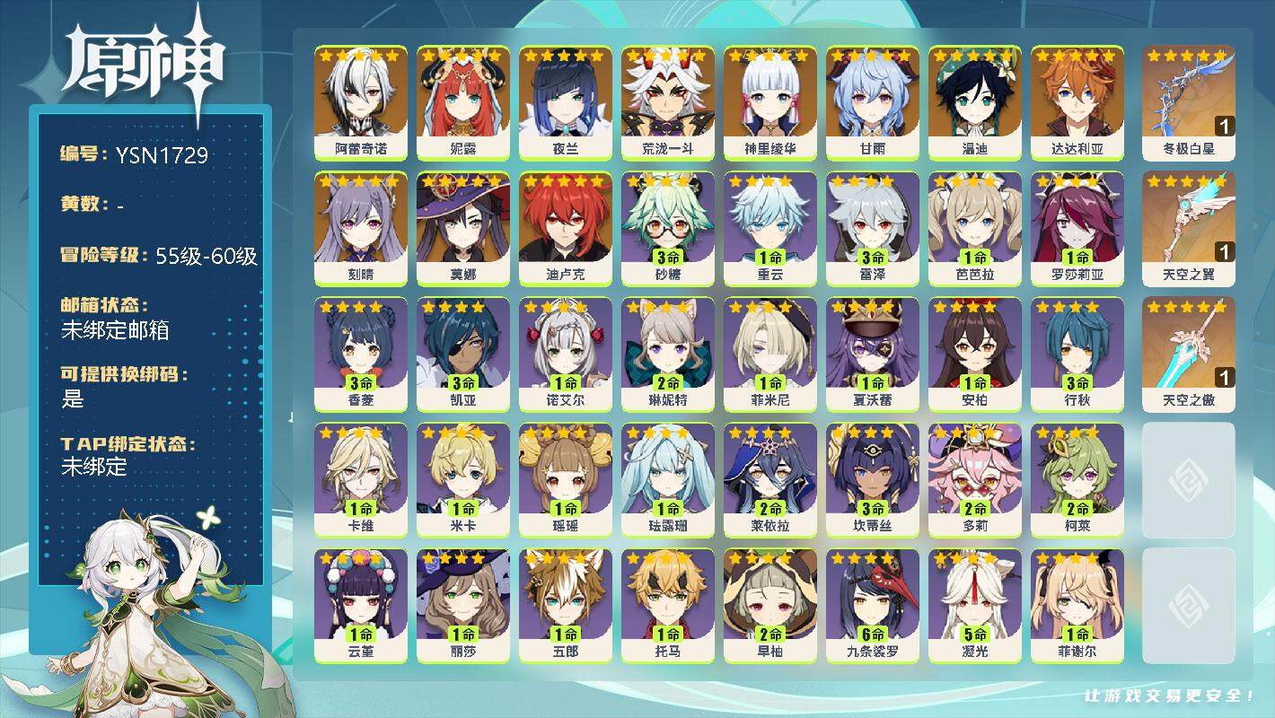 原神账号官服 天空岛【YSN1729】56级/男主/12个五星角色/0命阿蕾奇诺/0命妮露/0命夜兰/0命荒泷一斗/0命神里绫华/0命甘雨/0命温迪/0命达达利亚/0命刻晴/0命莫娜/0命迪卢克/精1冬极白星/精1天空