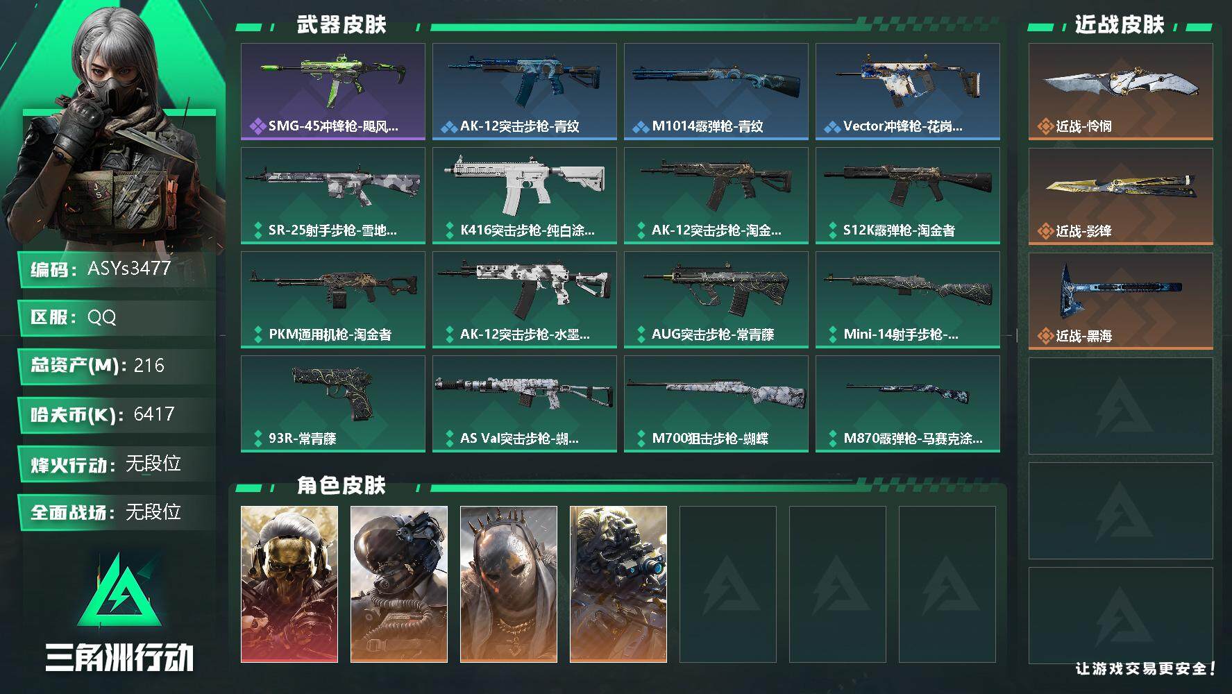 三角洲行动账号QQ【Q区三端互通】【可二次】ASYs3477-特勤处：仓库8级/训练中心6级/靶场5级-总资产216.1M-哈夫币641W-烽火等级：60级【勾选了部分账号，详细看图，平台认证商家店铺，保证金商家，安