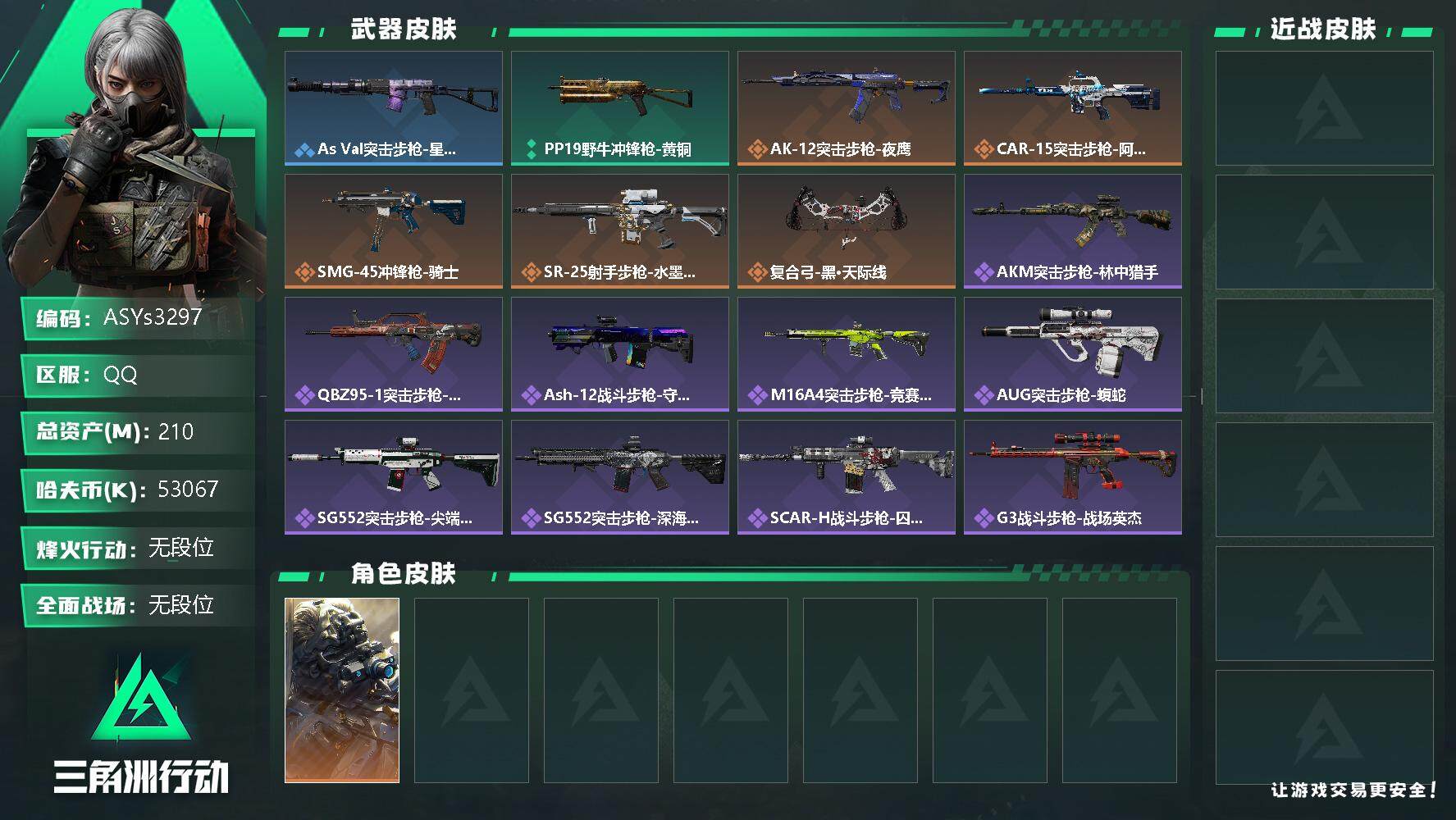 三角洲行动账号QQ【Q区三端互通】【可二次】ASYs3297-特勤处：仓库7级/训练中心7级/靶场5级-总资产210.4M-哈夫币5306W-烽火等级：60级【勾选了部分账号，详细看图，平台认证商家店铺，保证金商家，