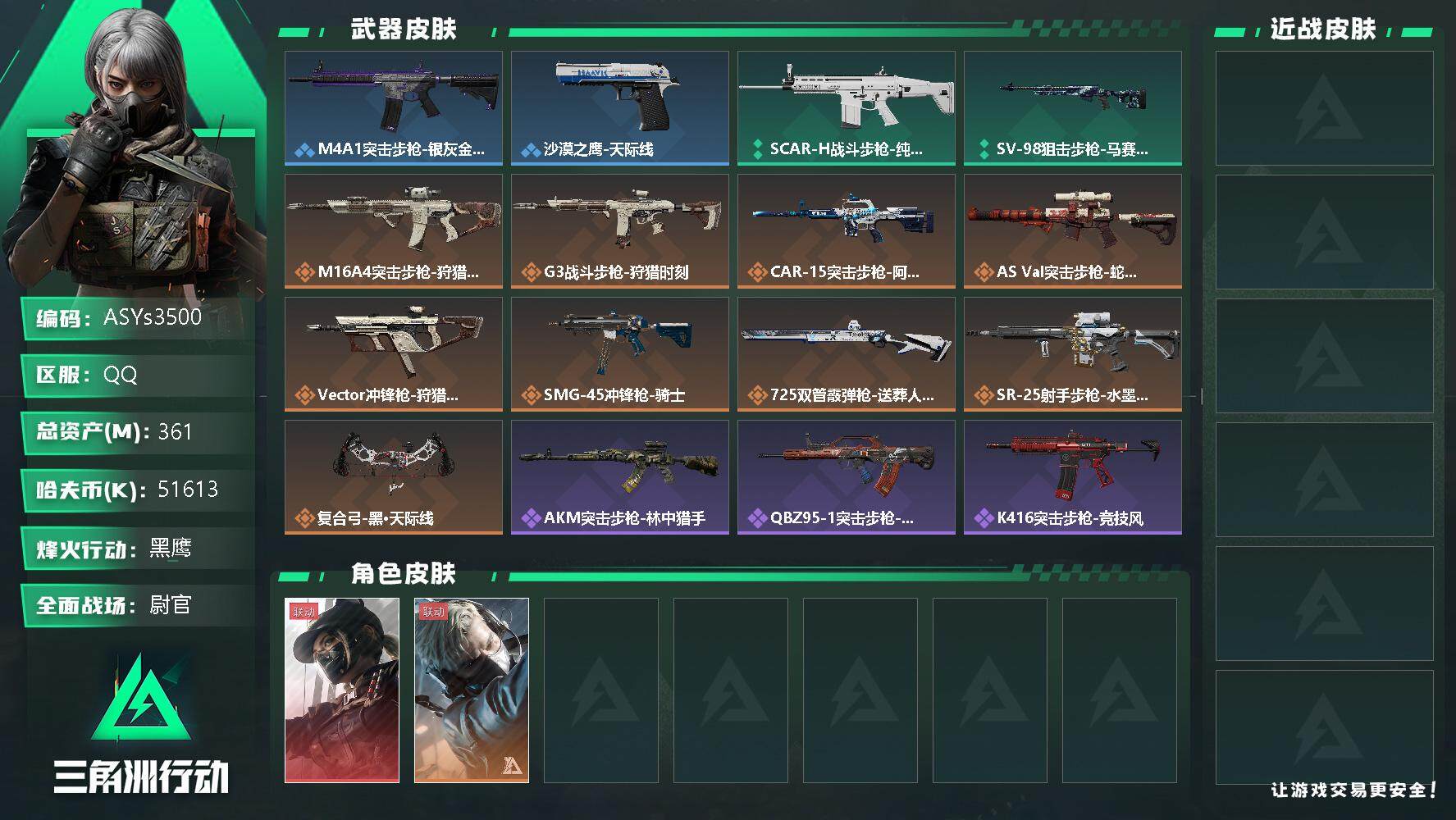 三角洲行动账号QQ【Q区三端互通】【无二次-9.28出二次】ASYs3500-特勤处：仓库9级/训练中心7级/靶场6级-总资产361M-哈夫币5161W-烽火等级：60级【勾选了部分账号，详细看图，平台认证商家店铺，