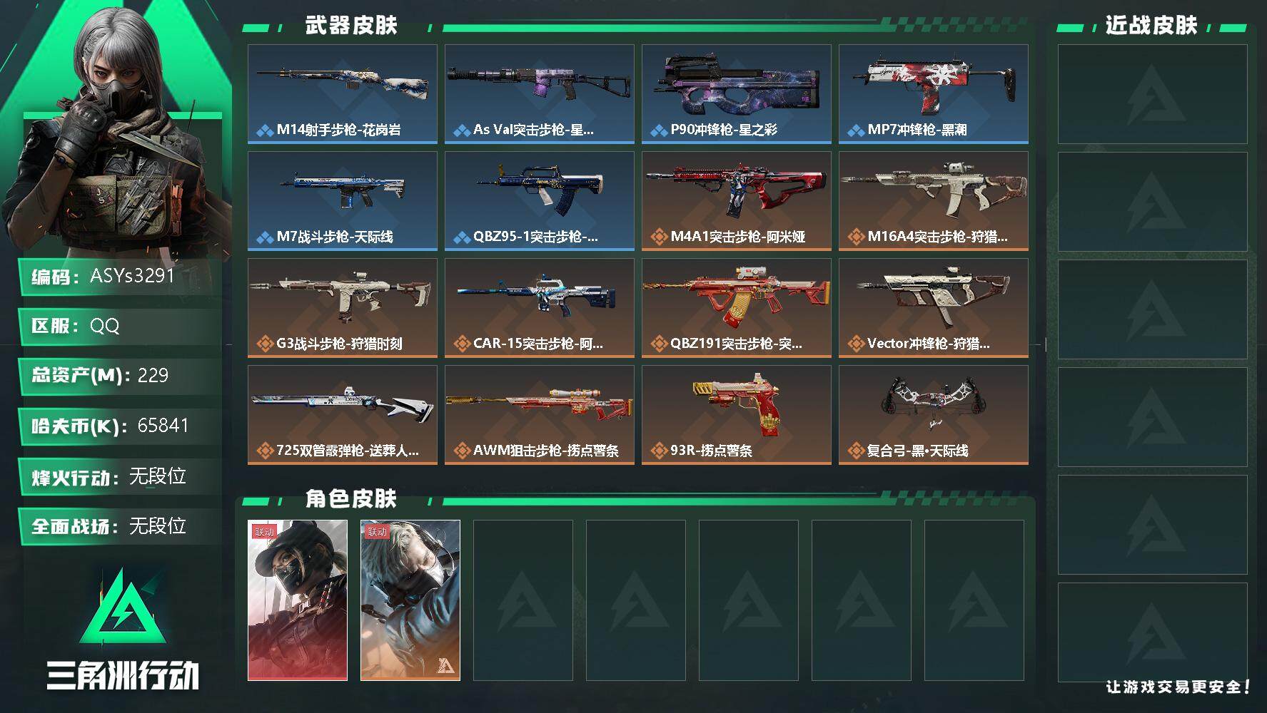三角洲行动账号QQ【Q区三端互通】【可二次】ASYs3291-特勤处：仓库8级/训练中心6级/靶场5级-总资产229.1M-哈夫币6584W-烽火等级：60级【勾选了部分账号，详细看图，平台认证商家店铺，保证金商家，