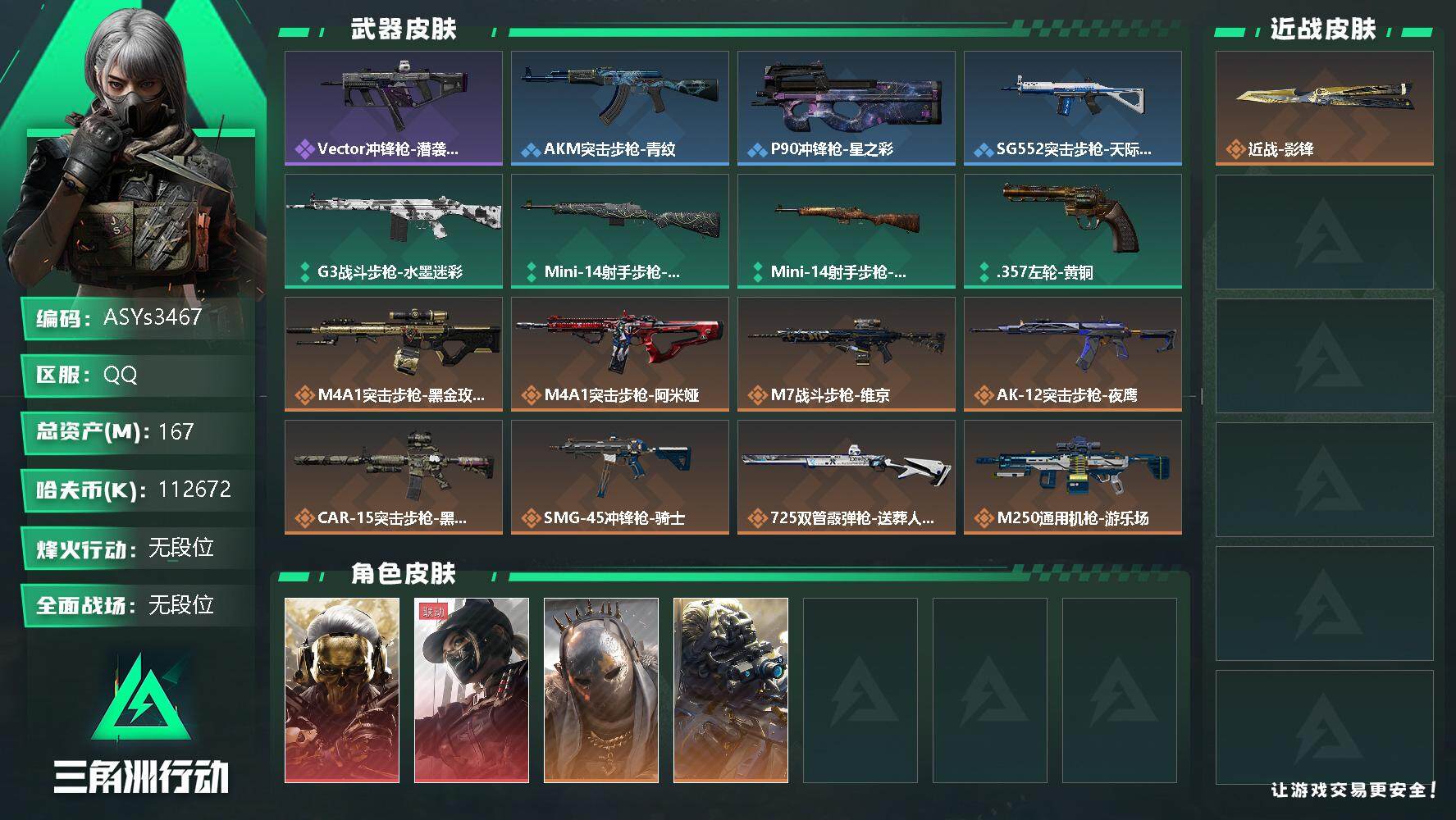 三角洲行动账号QQ【Q区三端互通】【无二次-9.29出二次】ASYs3467-特勤处：仓库6级/训练中心7级/靶场6级-总资产167M-哈夫币112M-烽火等级：60级【勾选了部分账号，详细看图，平台认证商家店铺，保