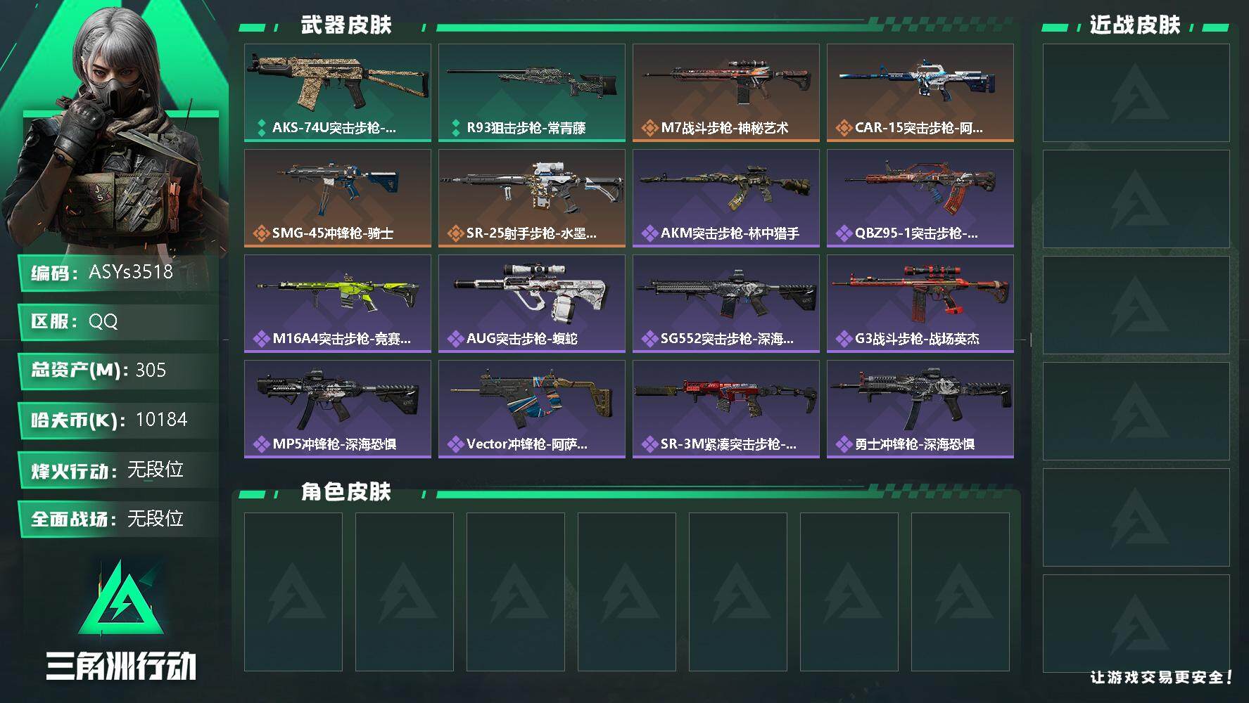 三角洲行动账号QQ【Q区三端互通】【可二次】ASYs3518-特勤处：仓库9级/训练中心7级/靶场5级-总资产305.3M-哈夫币1018W-烽火等级：60级【勾选了部分账号，详细看图，平台认证商家店铺，保证金商家，