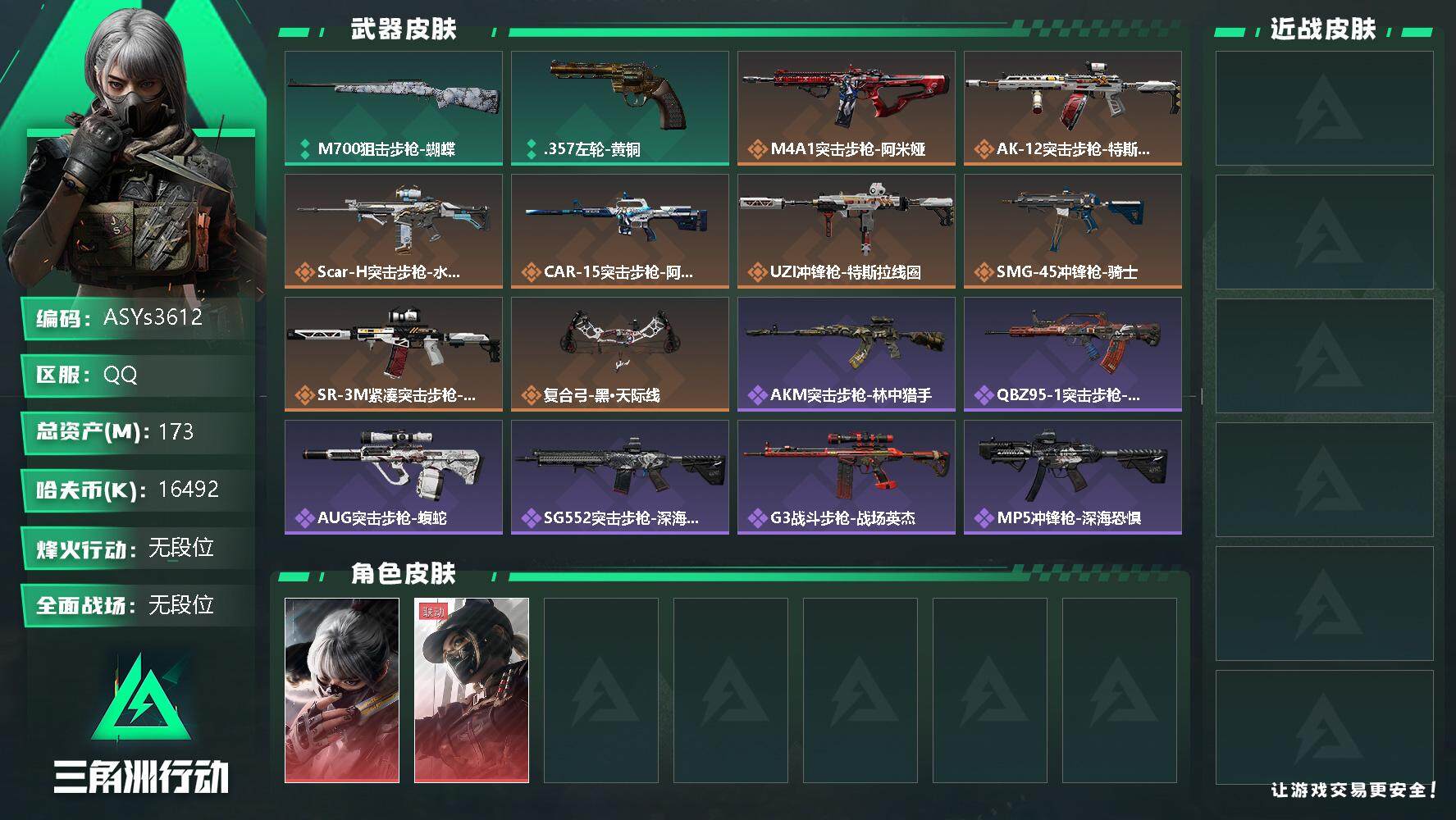 三角洲行动账号QQ【Q区三端互通】【无二次-2025.9.27出二次】ASYs3612-特勤处：仓库9级/训练中心7级/靶场6级-总资产173.4M-哈夫币1649W-烽火等级：60级【勾选了部分账号，详细看图，平台