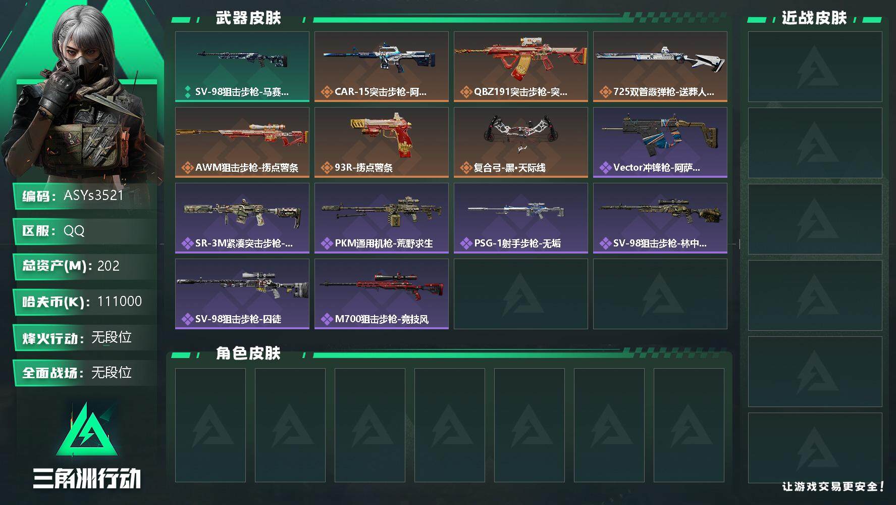 三角洲行动账号QQ【Q区三端互通】【无二次-2025.9.27出二次】ASYs3521-特勤处：仓库6级/训练中心7级/靶场7级-总资产202M-哈夫币111M-烽火等级：60级【勾选了部分账号，详细看图，平台认证商
