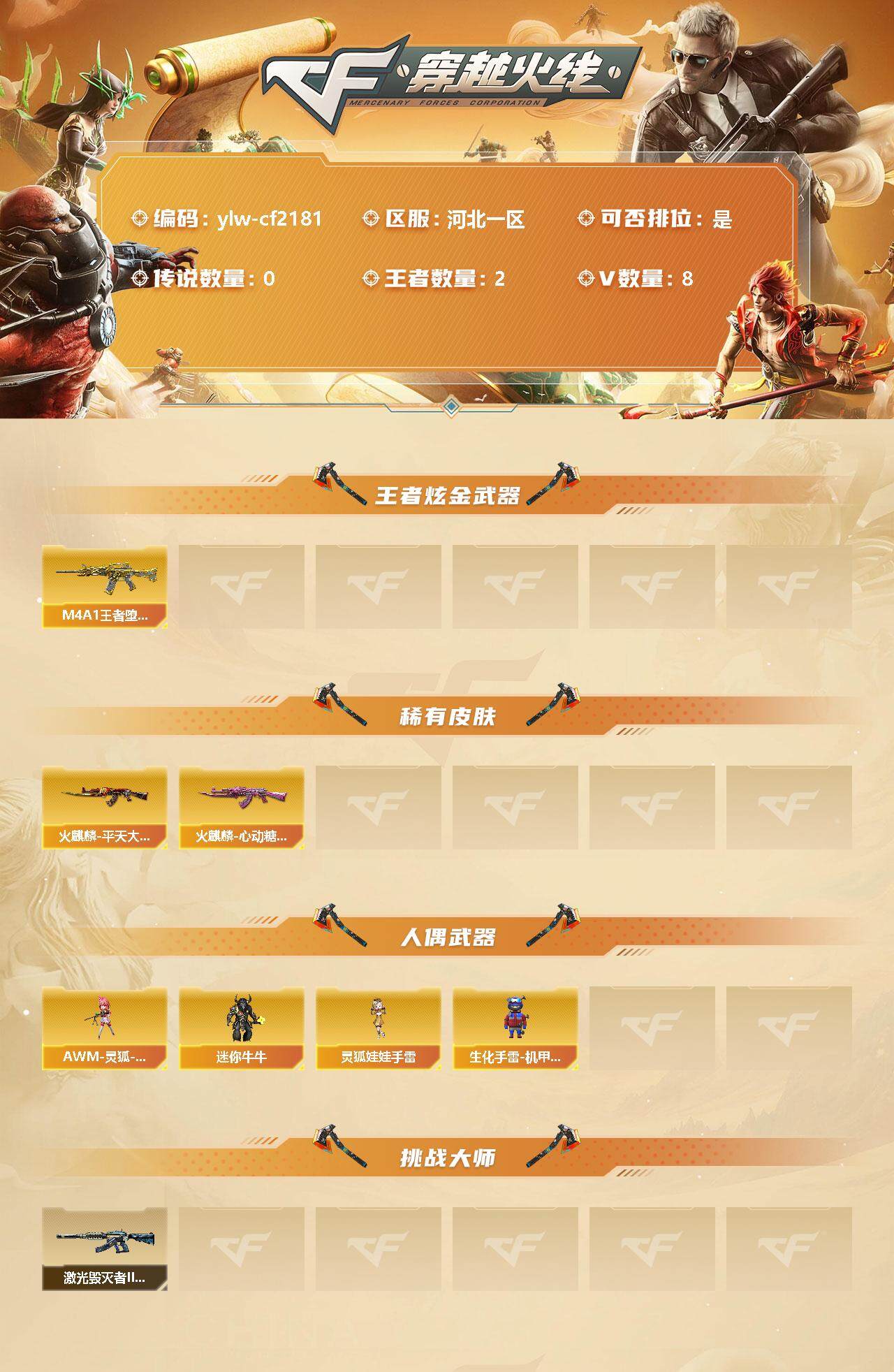 穿越火线账号北部战区河北一区[11312930]【商品标题】：河北一区-8V-2王者-0炫金
【王者炫金武器】：王者凰鸣-觉醒版，M4A1-王者堕天神
【稀有皮肤】：火麒麟-平天大圣，火麒麟-心动糖果
【人偶武器】：AWM-灵狐