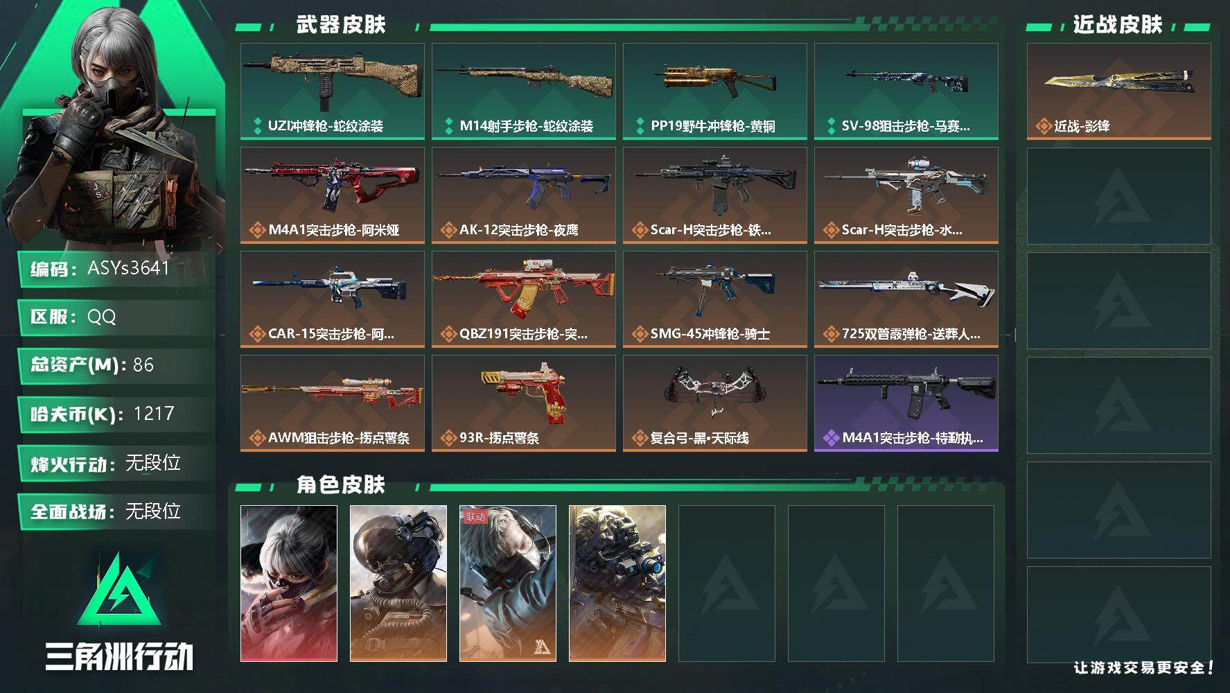 三角洲行动账号QQ【Q区三端互通】【无二次-2025.9.28出二次】ASYs3641-特勤处：仓库8级/训练中心6级/靶场6级-总资产86.3M-哈夫币121W-烽火等级：60级【勾选了部分账号，详细看图，平台认证