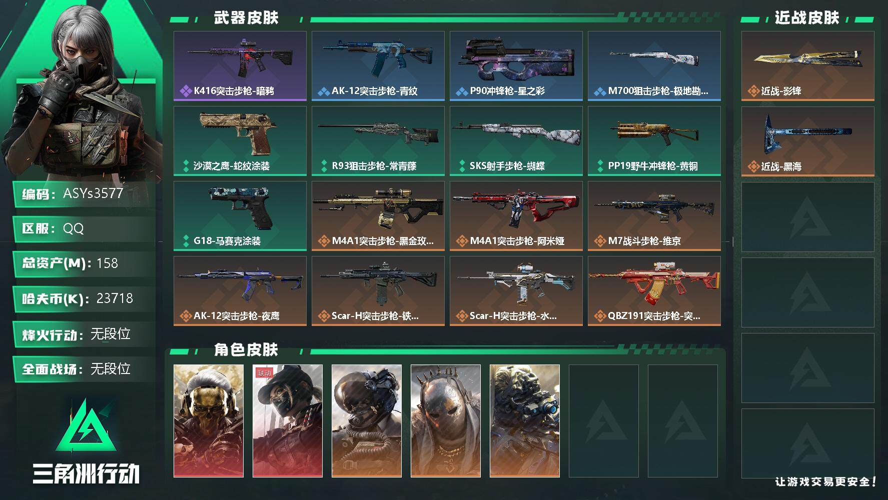 三角洲行动账号QQ【Q区三端互通】【可二次】ASYs3577-特勤处：仓库7级/训练中心6级/靶场4级-总资产158.5M-哈夫币2371W-烽火等级：60级【勾选了部分账号，详细看图，平台认证商家店铺，保证金商家，