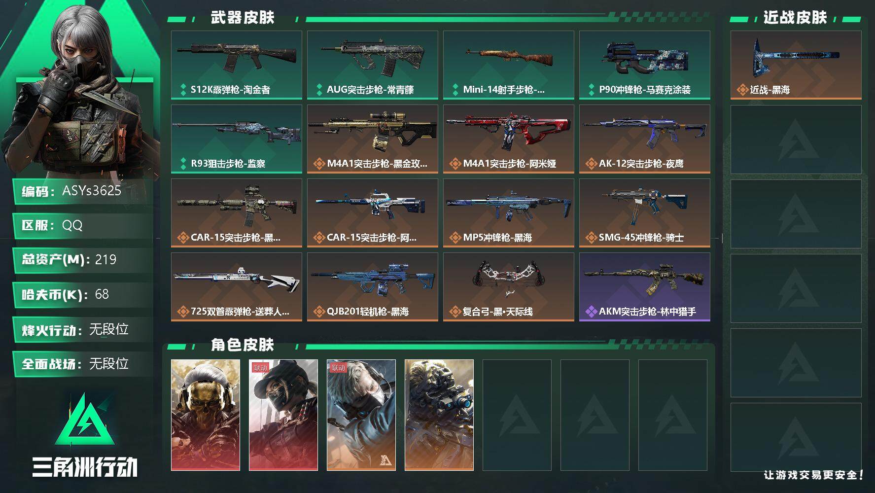 三角洲行动账号QQ【Q区三端互通】【无二次-2025.9.27出二次】ASYs3625-特勤处：仓库7级/训练中心7级/靶场7级-总资产219.9M-哈夫币6W-烽火等级：60级【勾选了部分账号，详细看图，平台认证商