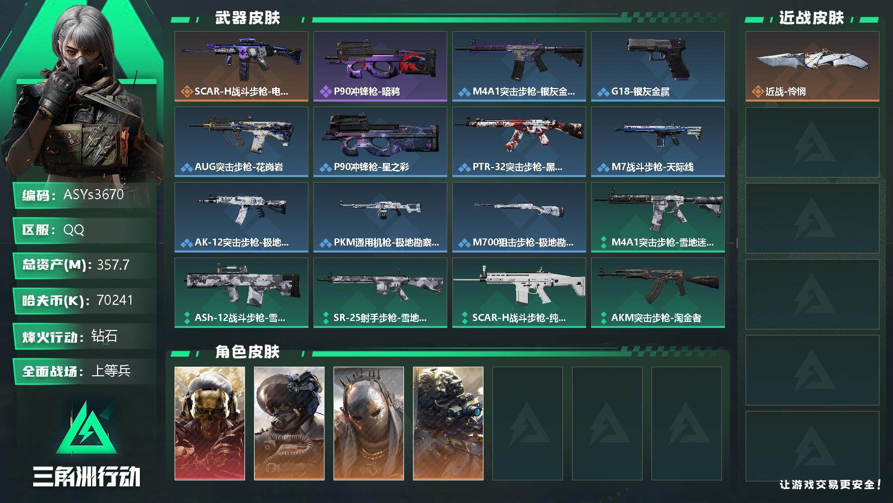 三角洲行动账号QQ【Q区三端互通】【无二次-2025.9.28出二次】ASYs3670-特勤处：仓库8级/训练中心7级/靶场6级-总资产357.7M-哈夫币-烽火等级：60级【勾选了部分账号，详细看图，平台认证商家店