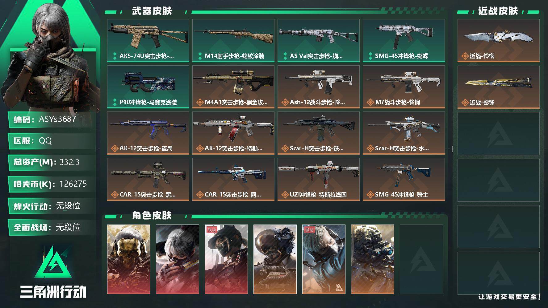 三角洲行动账号QQ【Q区三端互通】【可二次】ASYs3687-特勤处：仓库7级/训练中心6级/靶场6级-总资产332.3M-哈夫币126M-烽火等级：60级【勾选了部分账号，详细看图，平台认证商家店铺，保证金商家，安