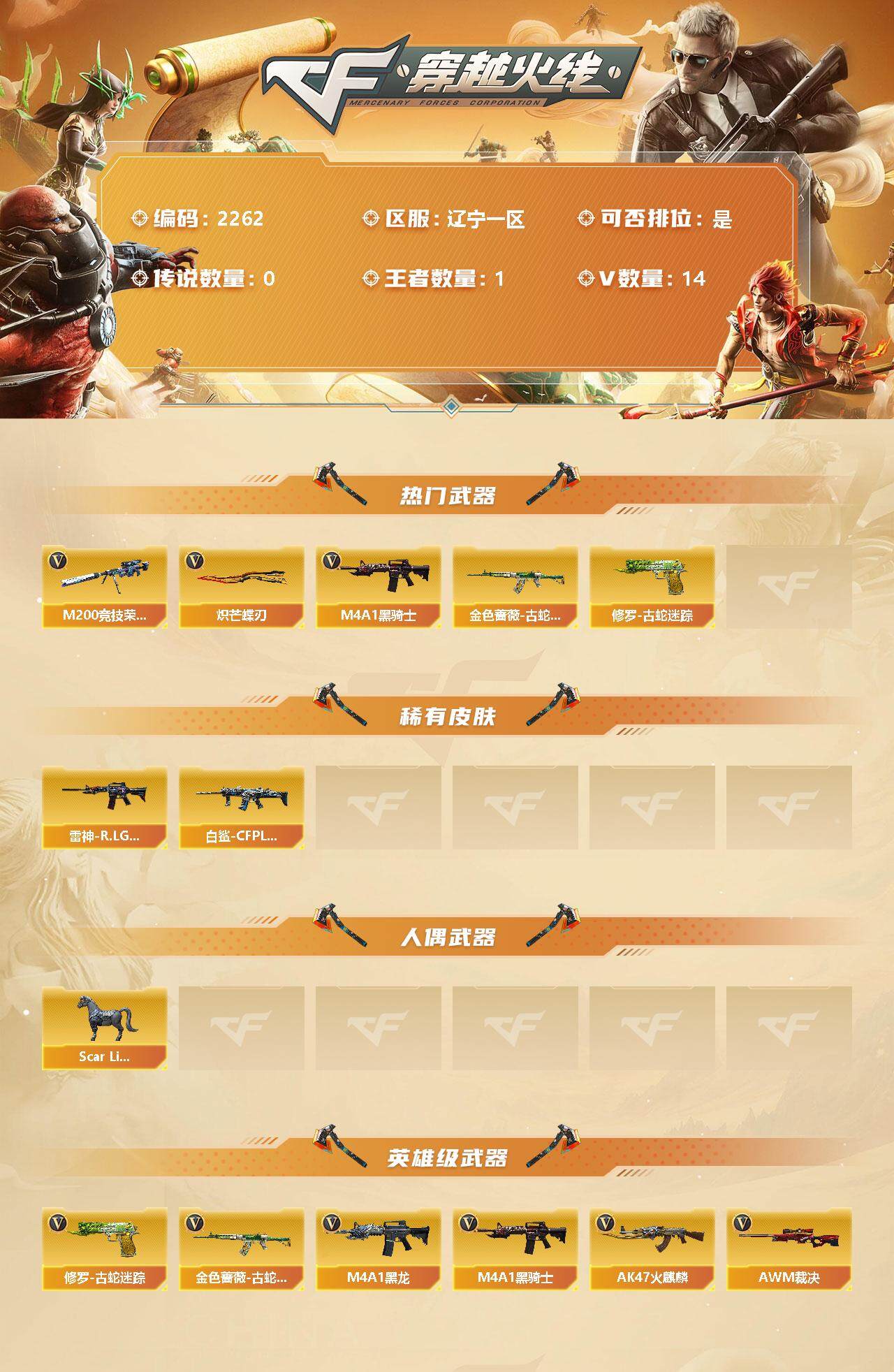 穿越火线账号北部战区辽宁一区【商品标题】：辽宁一区-14V-1王者-0炫金
【热门武器】：金色蔷薇-古蛇迷踪，修罗-古蛇迷踪，M200-竞技荣光，M4A1-黑骑士，炽芒蝶刃
【稀有皮肤】：白虎-白鲨-CFPLS23冠军，雷神-