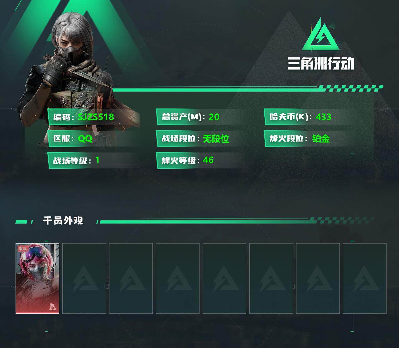 三角洲行动账号QQ【SJZS518】总资产(M)：20.7M/哈夫币(K)：433K/哈夫币(K)：433K/全面战场等级：1_段位：无段位/烽火地带等级：46_段位：铂金/蛊-能天使午夜邮差/近战-黑鹰